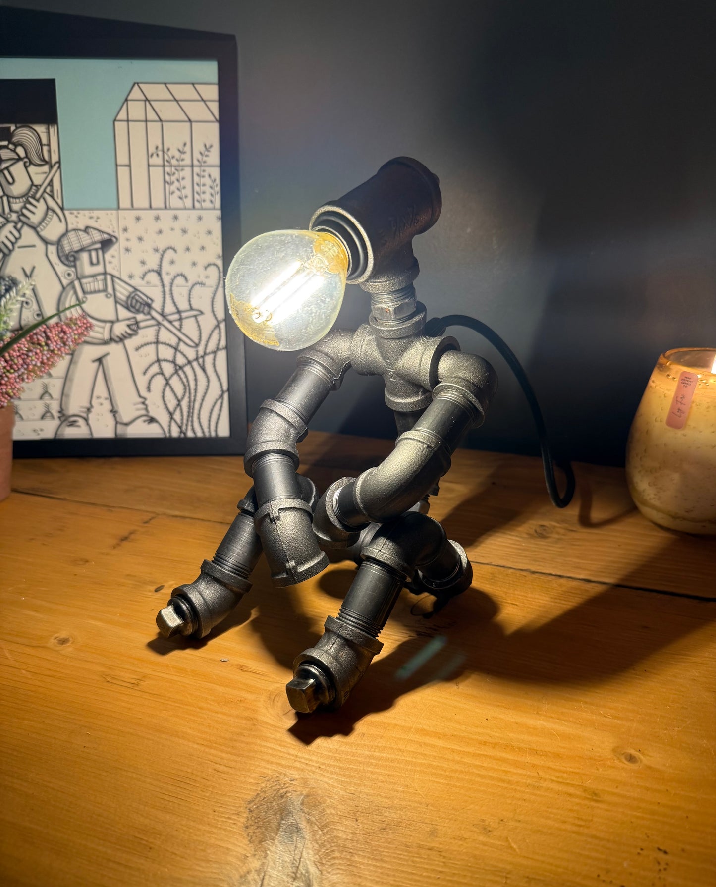 The Tranquil Man Industrial Iron Pipe Lamp & Modern White Bulb