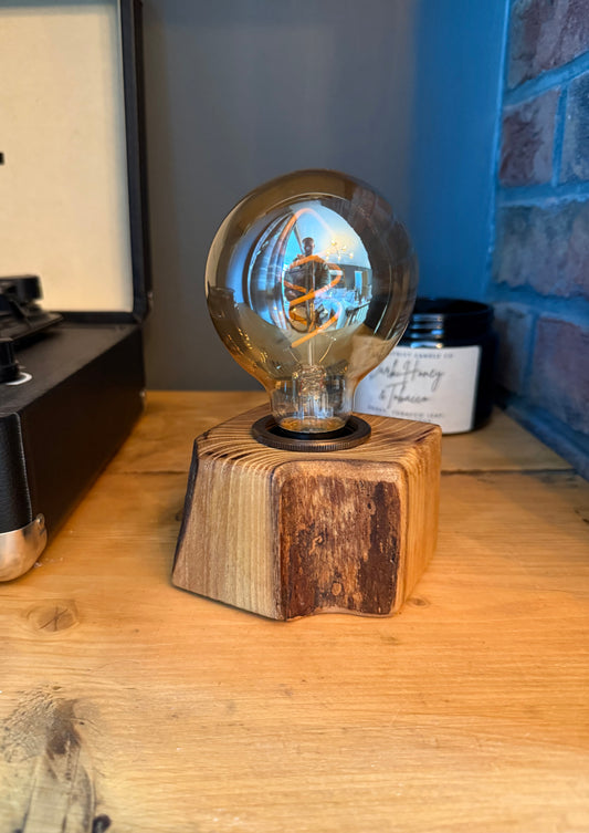 Handmade Acacia Wood Cube Lamp with Grey Marl Fabric Cable