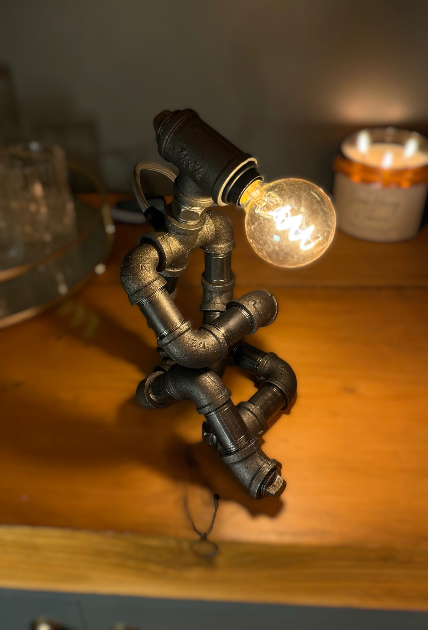 The Thinking Man Industrial Iron Pipe Lamp & Vintage Style Bulb
