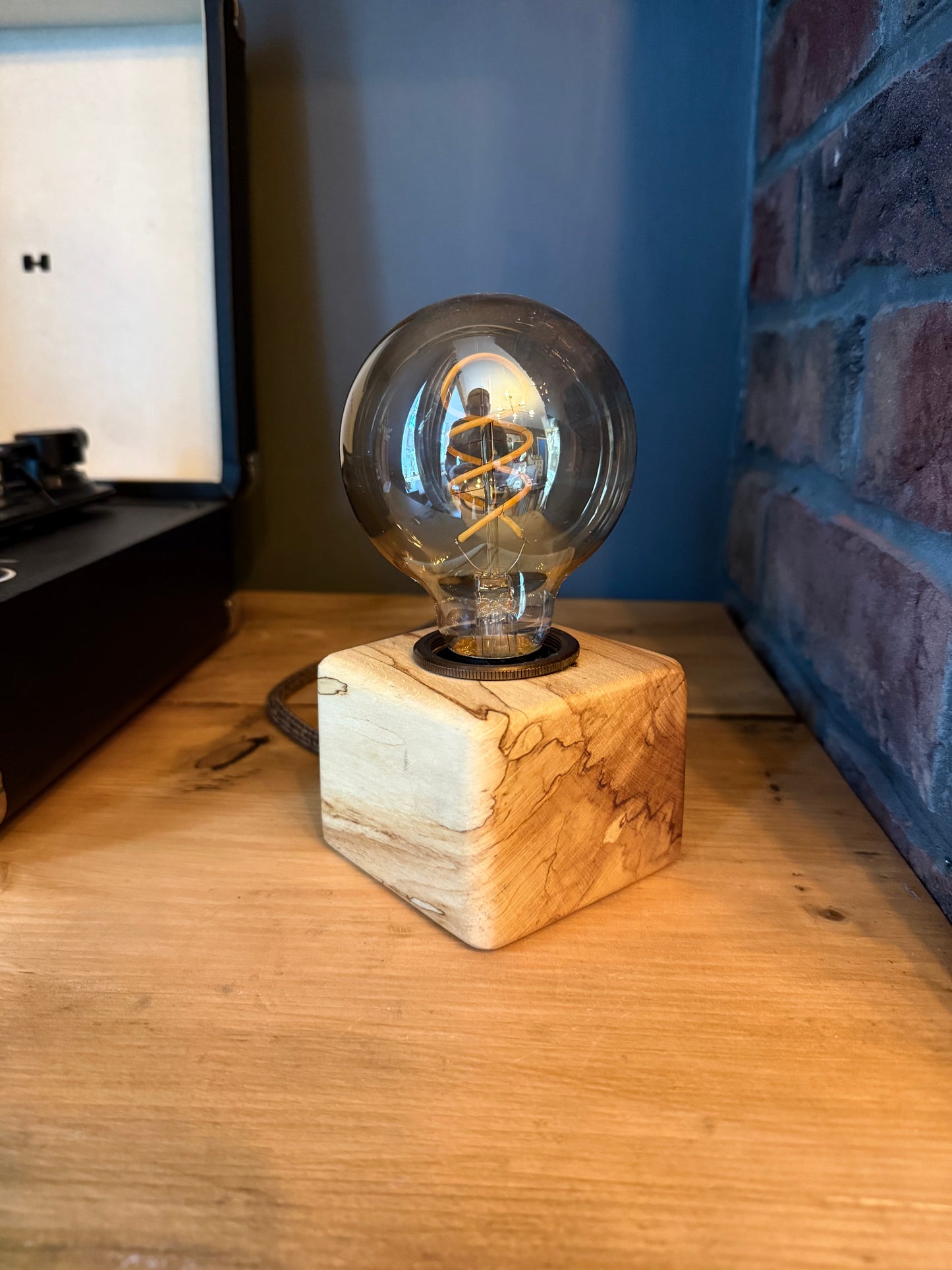 Handmade Rustic Spalted Beech Wood Cube Lamp with Brown Marl Fabric Cable