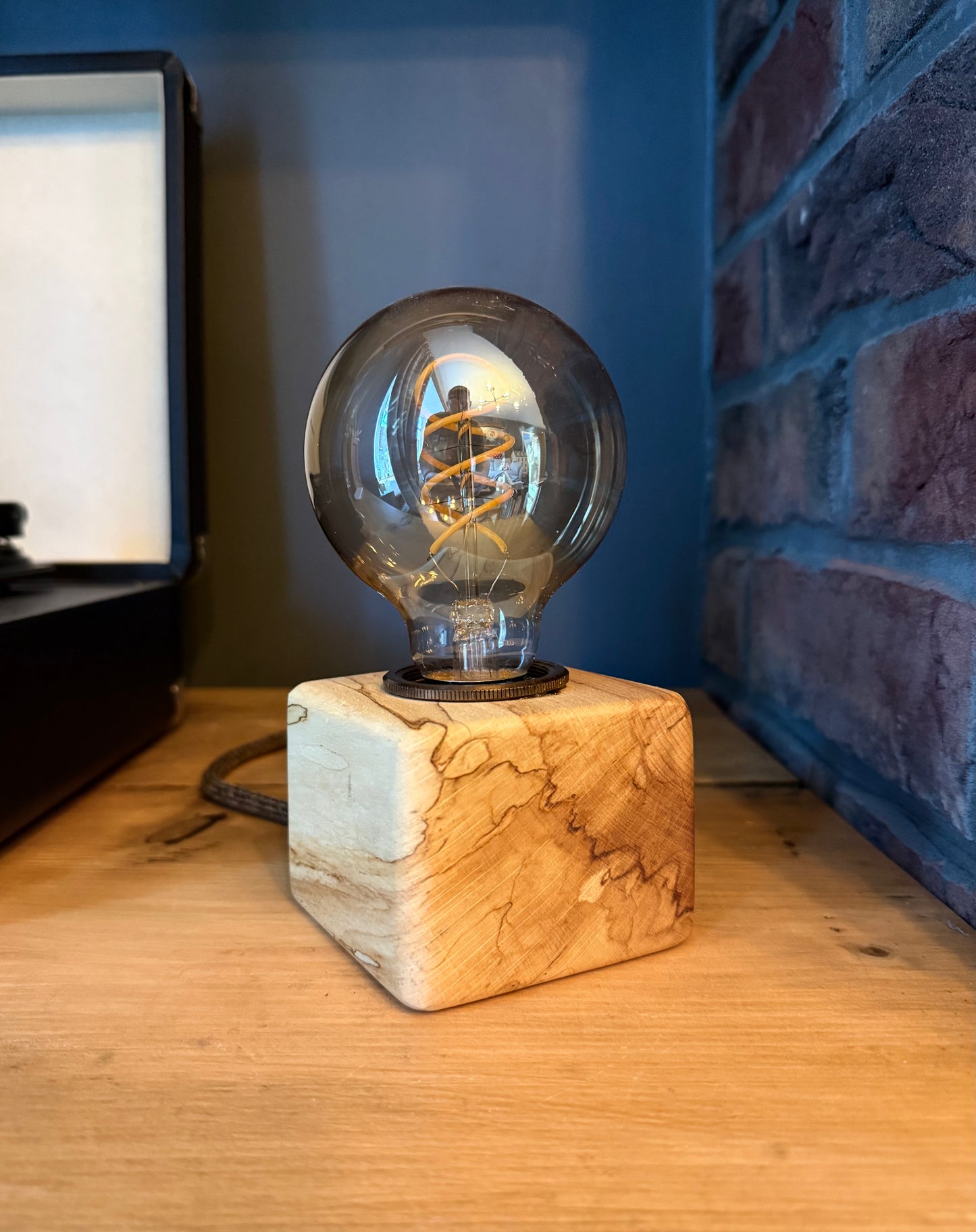 Handmade Rustic Spalted Beech Wood Cube Lamp with Brown Marl Fabric Cable