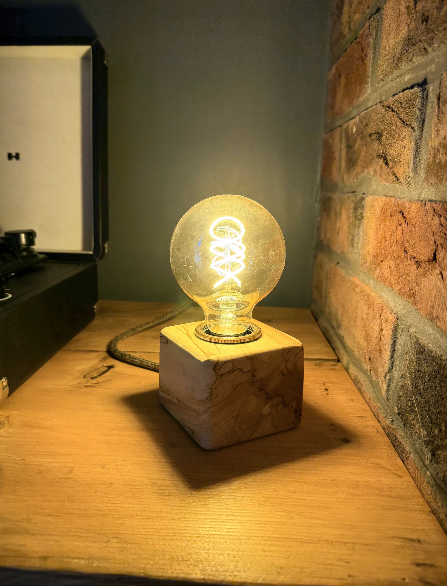 Handmade Rustic Spalted Beech Wood Cube Lamp with Brown Marl Fabric Cable