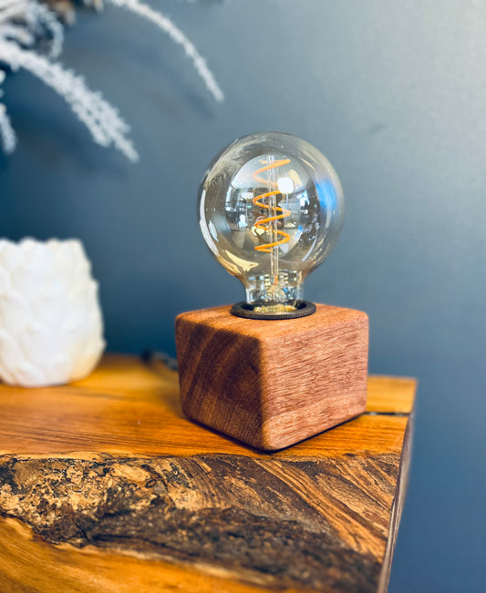 Handmade Rustic Solid Iroko Wood Cube Lamp with Grey Marl Fabric Cable