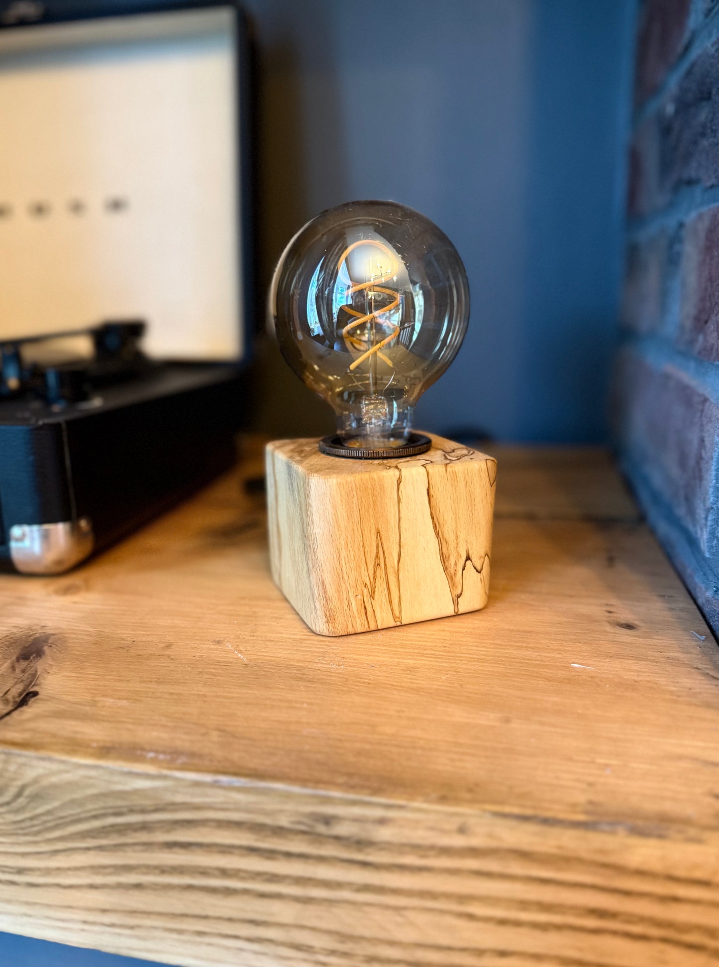 Handmade Rustic Spalted Beech Wood Cube Lamp with Hemp Rope Fabric Cable
