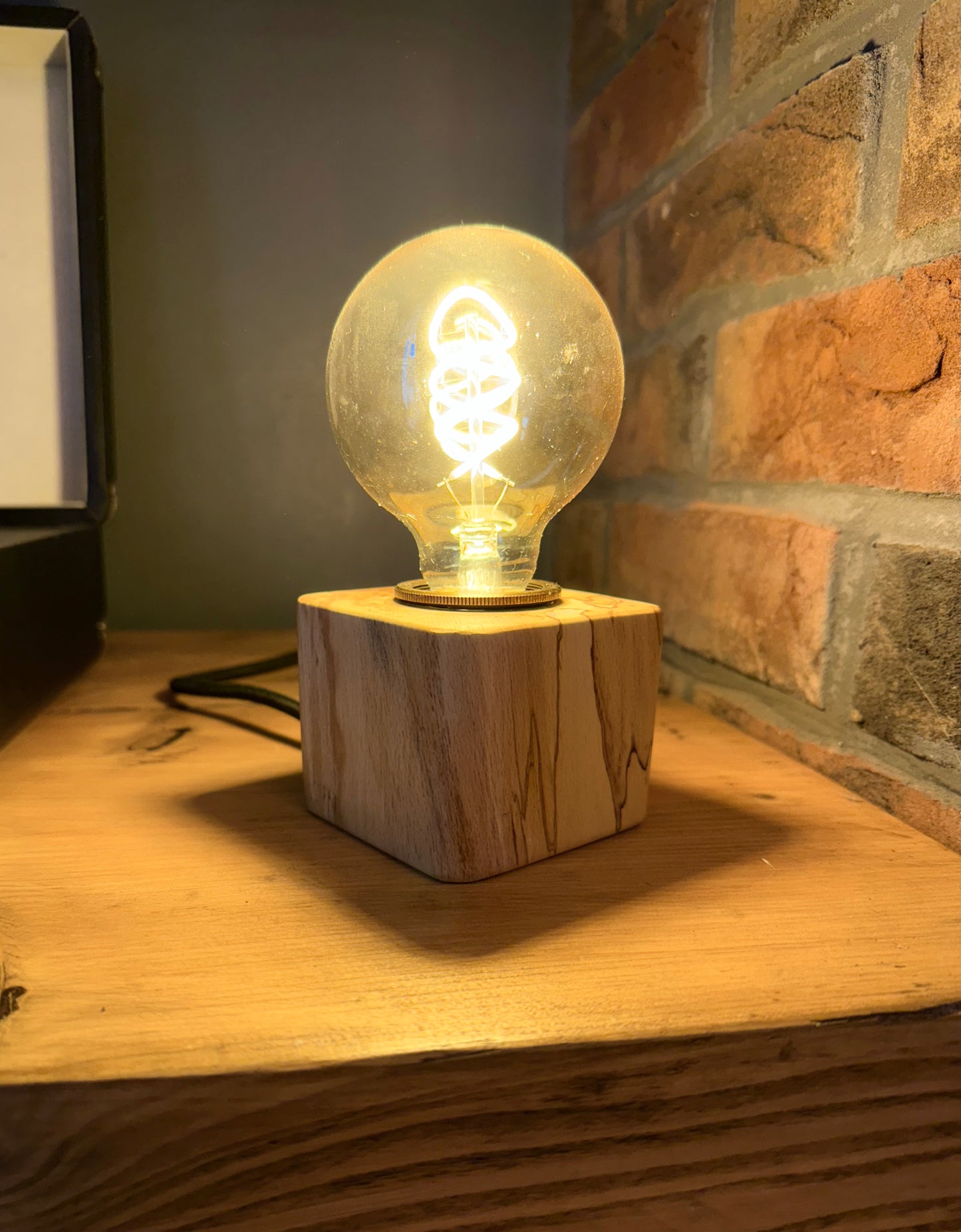 Handmade Rustic Spalted Beech Wood Cube Lamp with Hemp Rope Fabric Cable