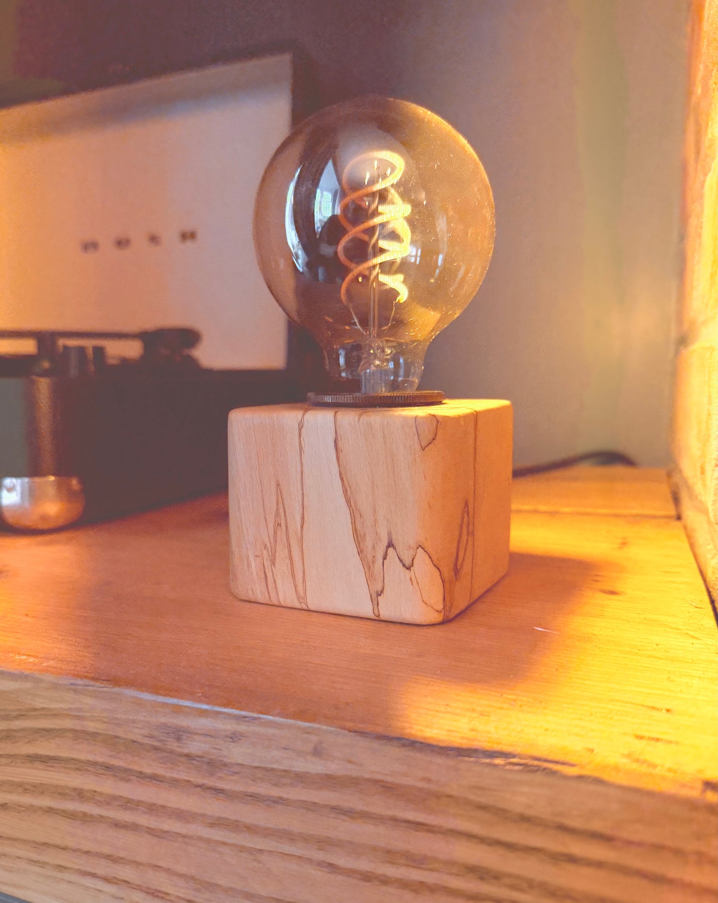 Handmade Rustic Spalted Beech Wood Cube Lamp with Hemp Rope Fabric Cable