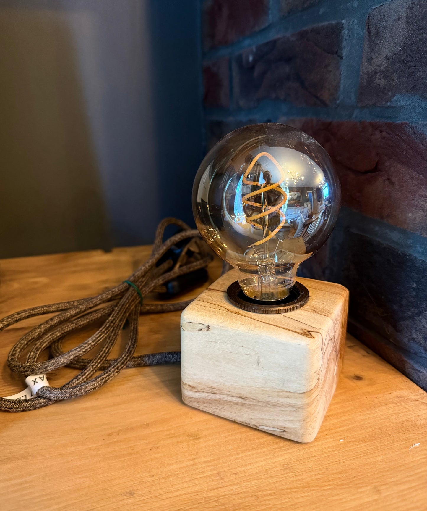 Handmade Rustic Spalted Beech Wood Cube Lamp with Brown Marl Fabric Cable