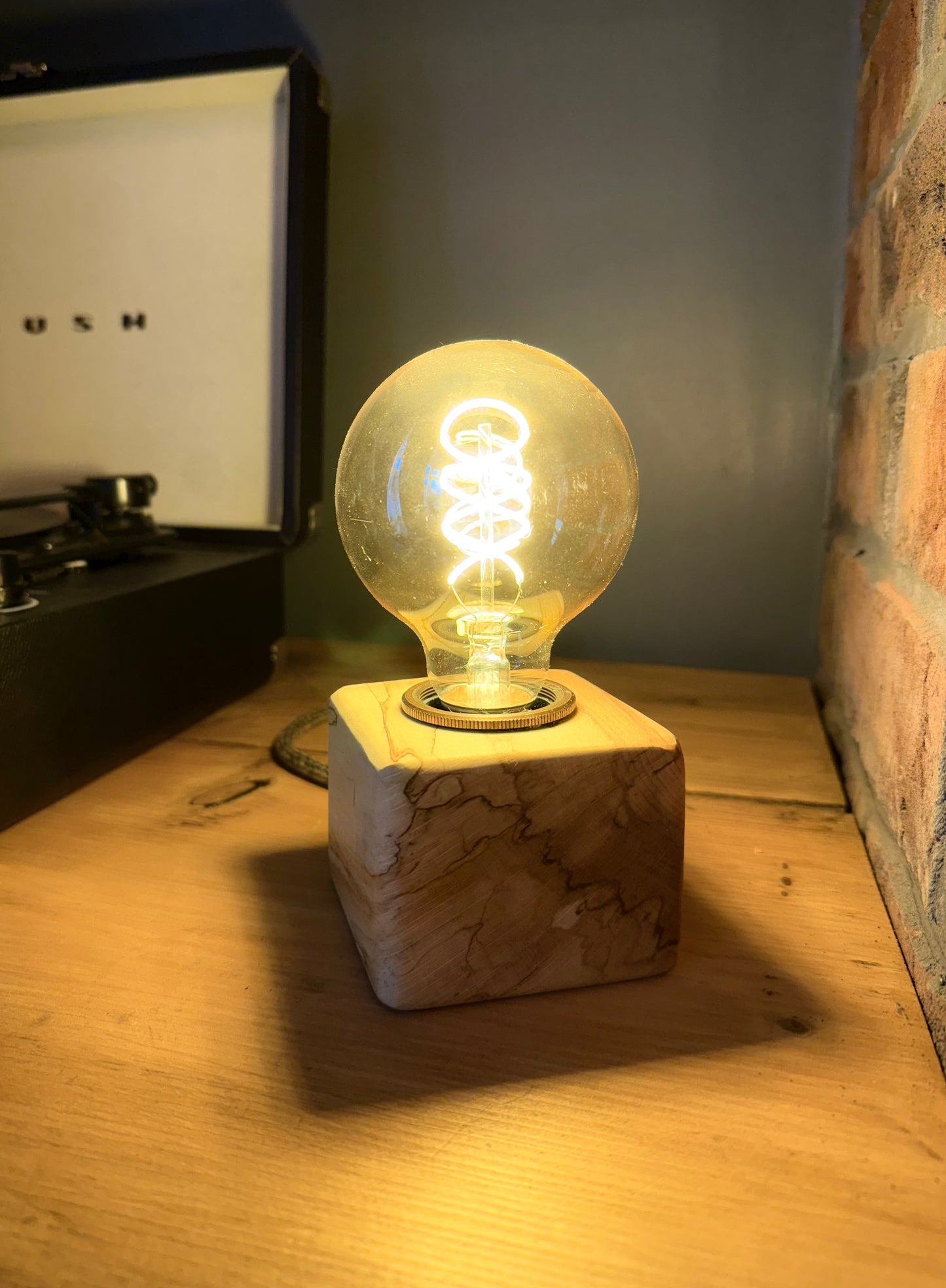 Handmade Rustic Spalted Beech Wood Cube Lamp with Brown Marl Fabric Cable