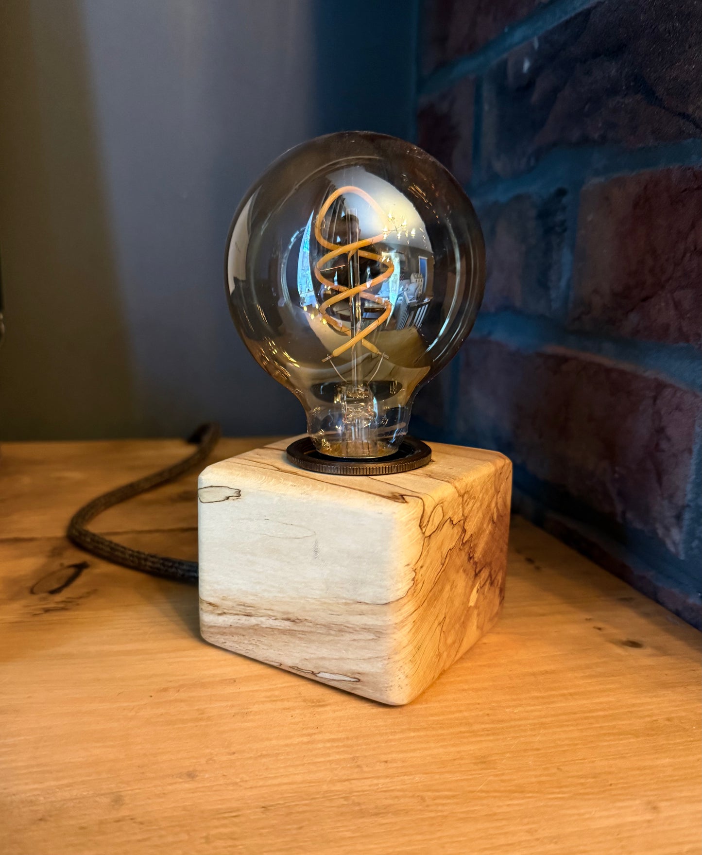 Handmade Rustic Spalted Beech Wood Cube Lamp with Brown Marl Fabric Cable