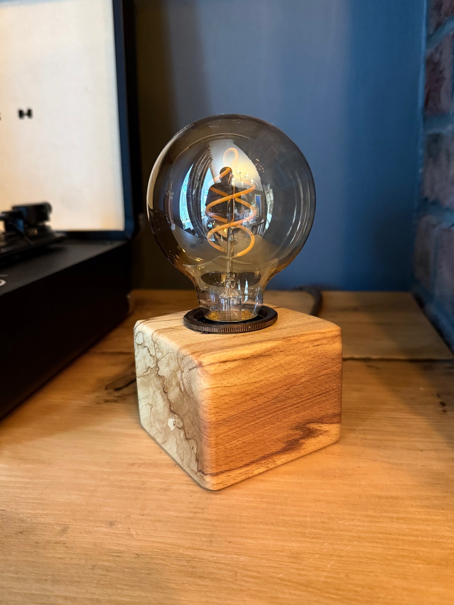 Handmade Rustic Spalted Beech Wood Cube Lamp with Brown Marl Fabric Cable