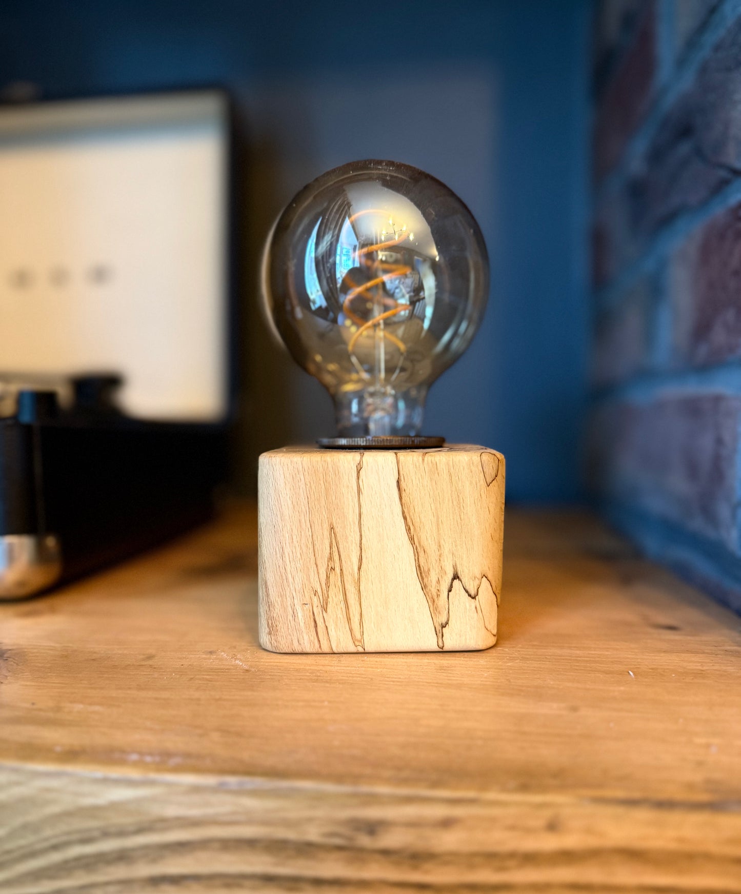 Handmade Rustic Spalted Beech Wood Cube Lamp with Hemp Rope Fabric Cable