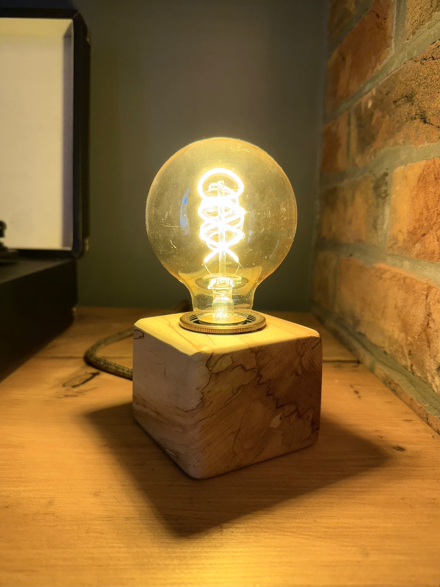 Handmade Rustic Spalted Beech Wood Cube Lamp with Brown Marl Fabric Cable