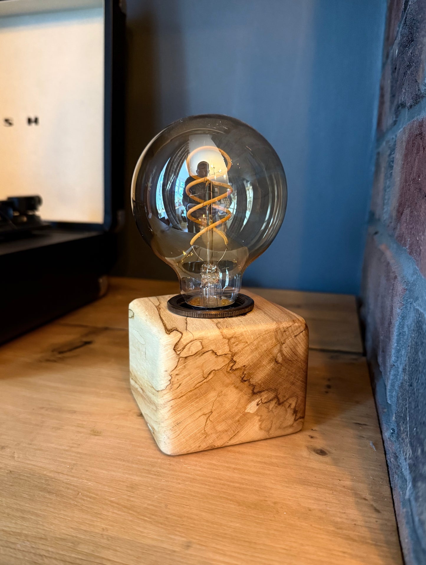 Handmade Rustic Spalted Beech Wood Cube Lamp with Brown Marl Fabric Cable