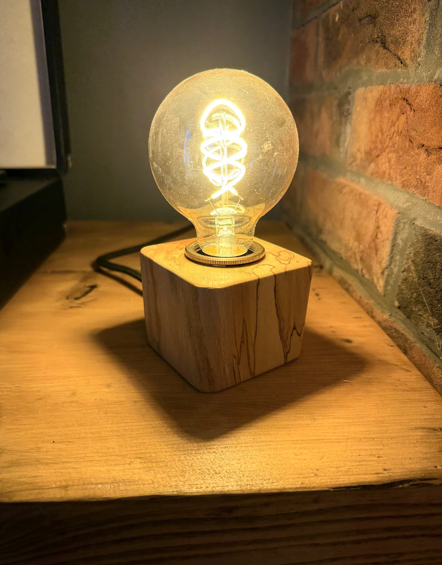 Handmade Rustic Spalted Beech Wood Cube Lamp with Hemp Rope Fabric Cable