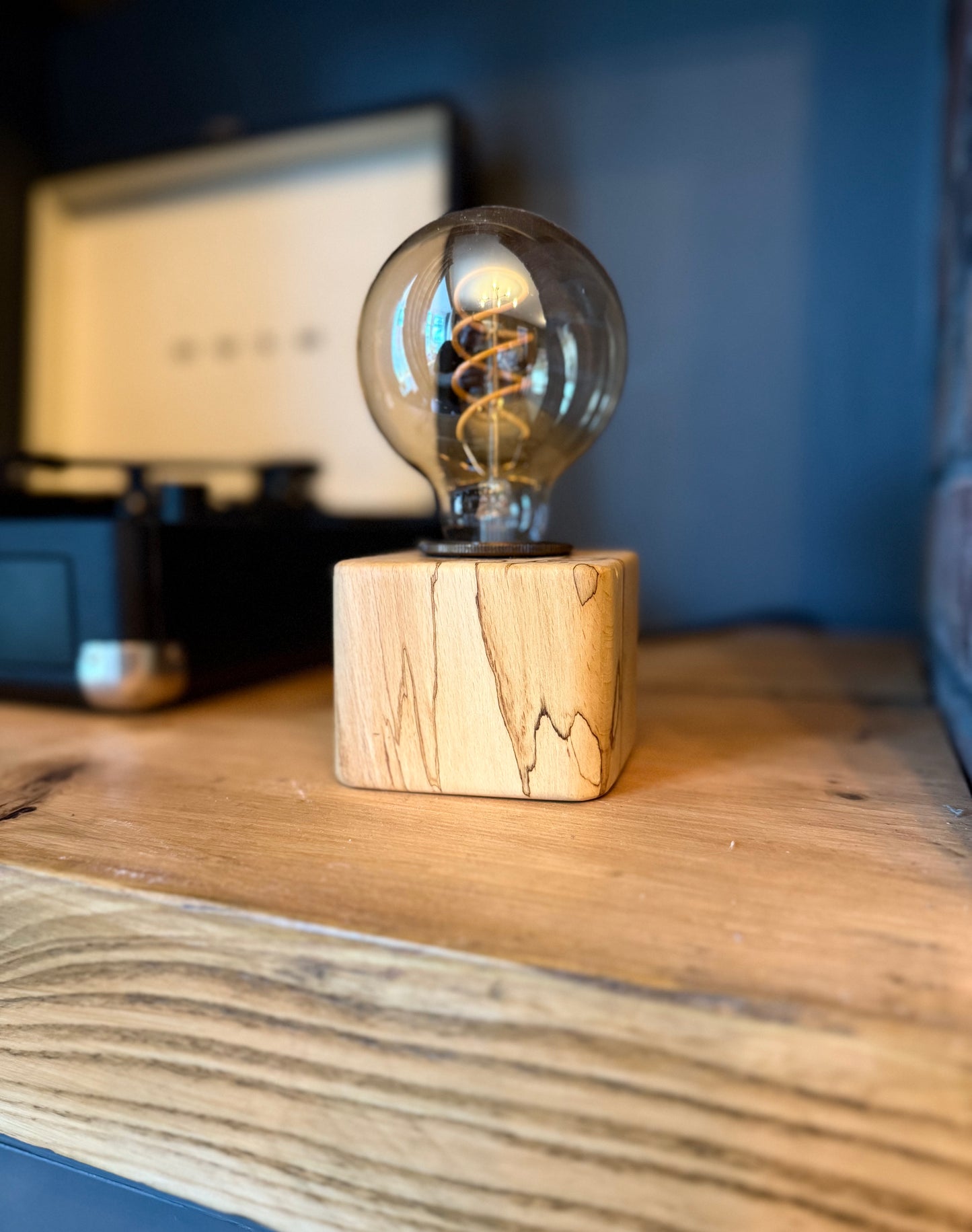 Handmade Rustic Spalted Beech Wood Cube Lamp with Hemp Rope Fabric Cable
