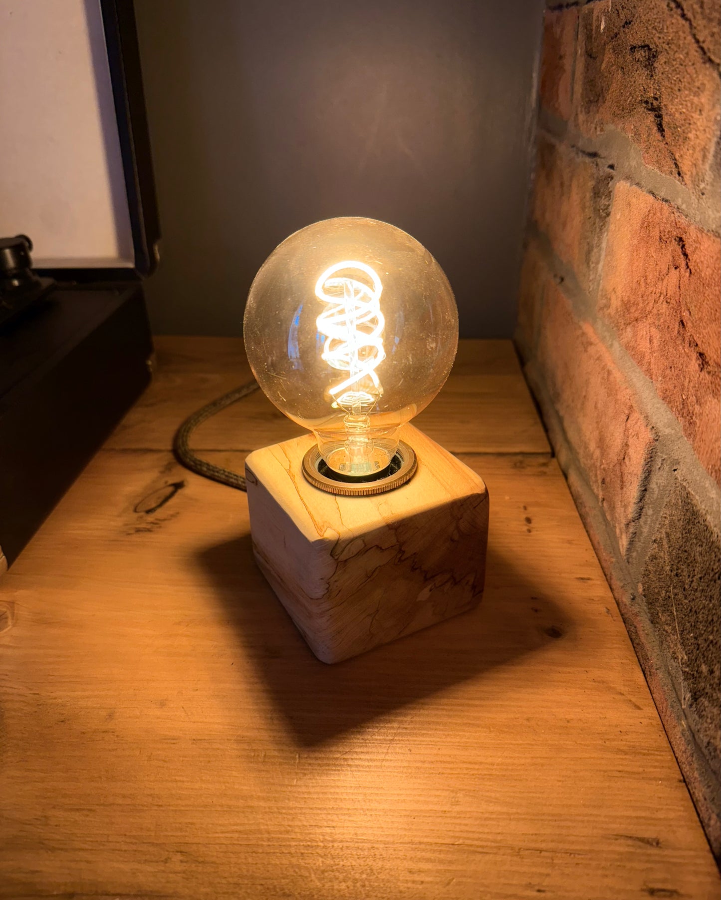 Handmade Rustic Spalted Beech Wood Cube Lamp with Brown Marl Fabric Cable