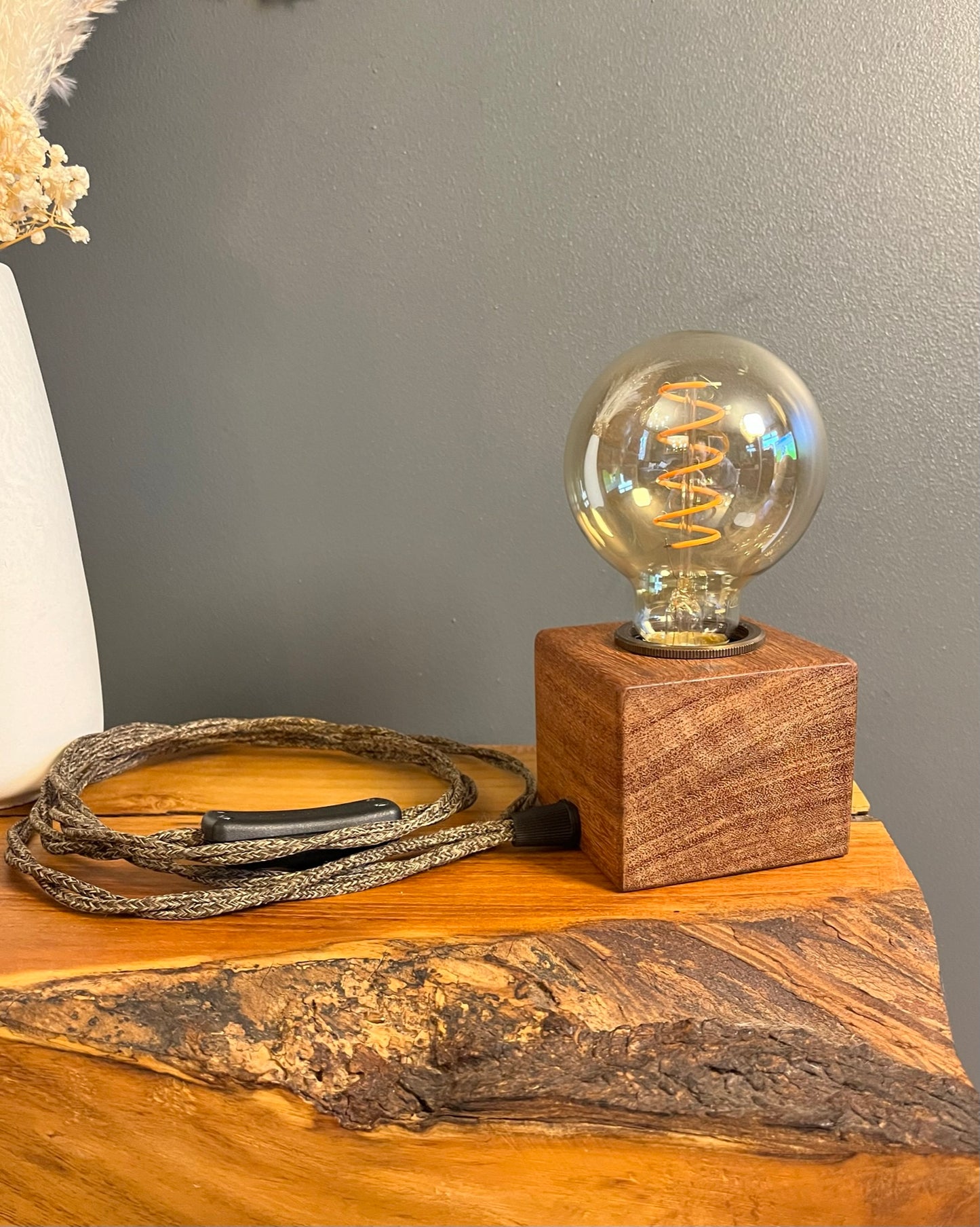 Handmade Rustic Solid Iroko Wood Cube Lamp with Brown Marl Fabric Cable