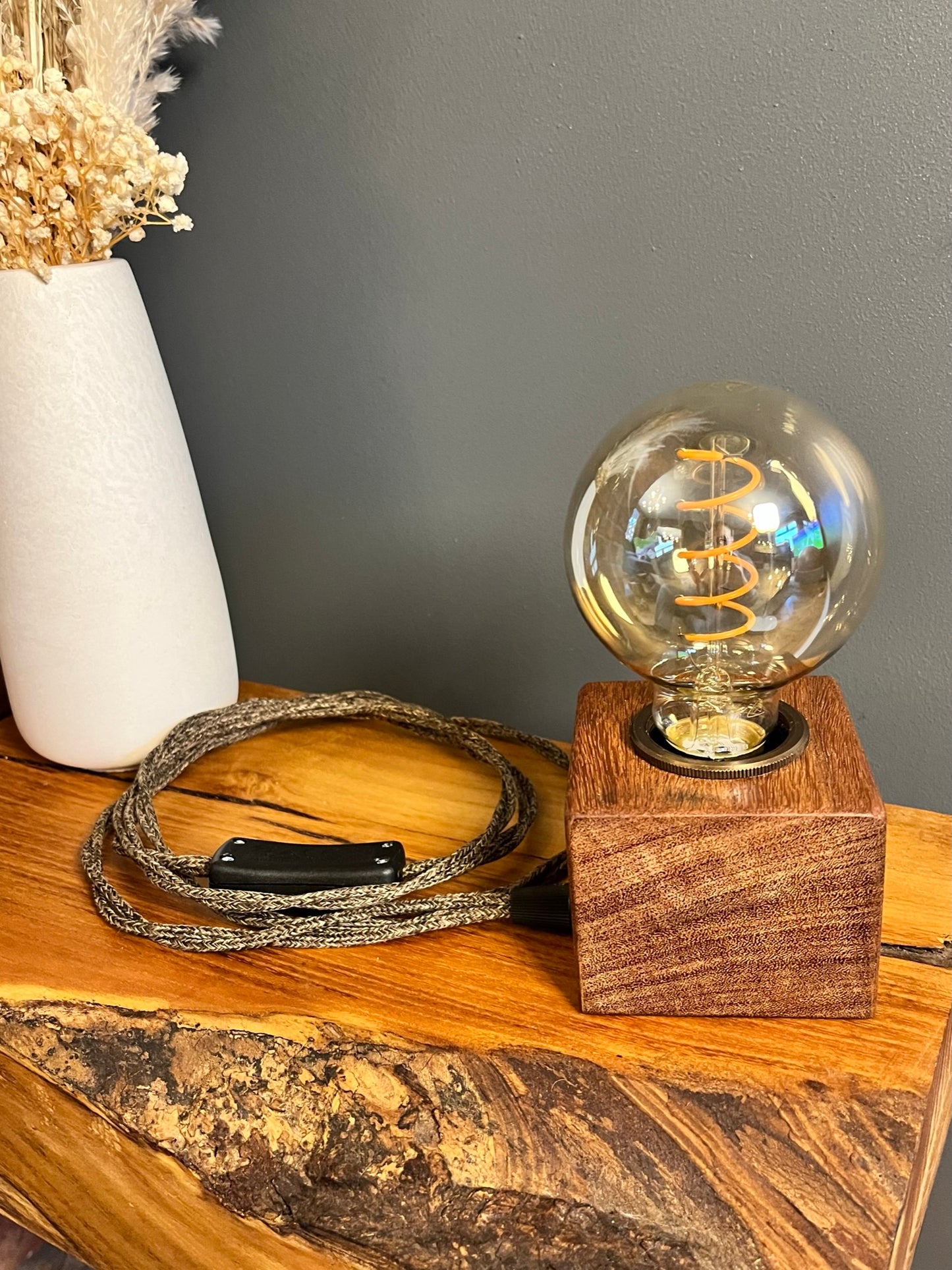 Handmade Rustic Solid Iroko Wood Cube Lamp with Brown Marl Fabric Cable