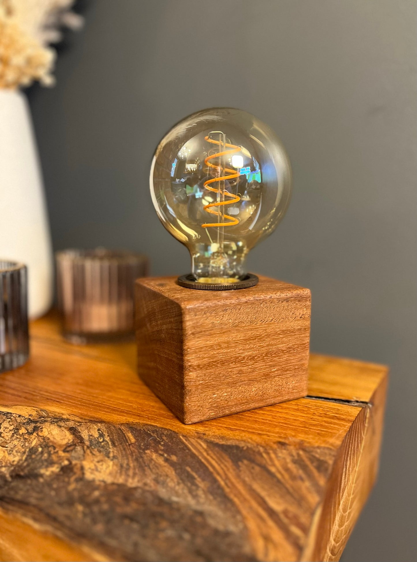 Handmade Rustic Solid Iroko Wood Cube Lamp with Brown Marl Fabric Cable
