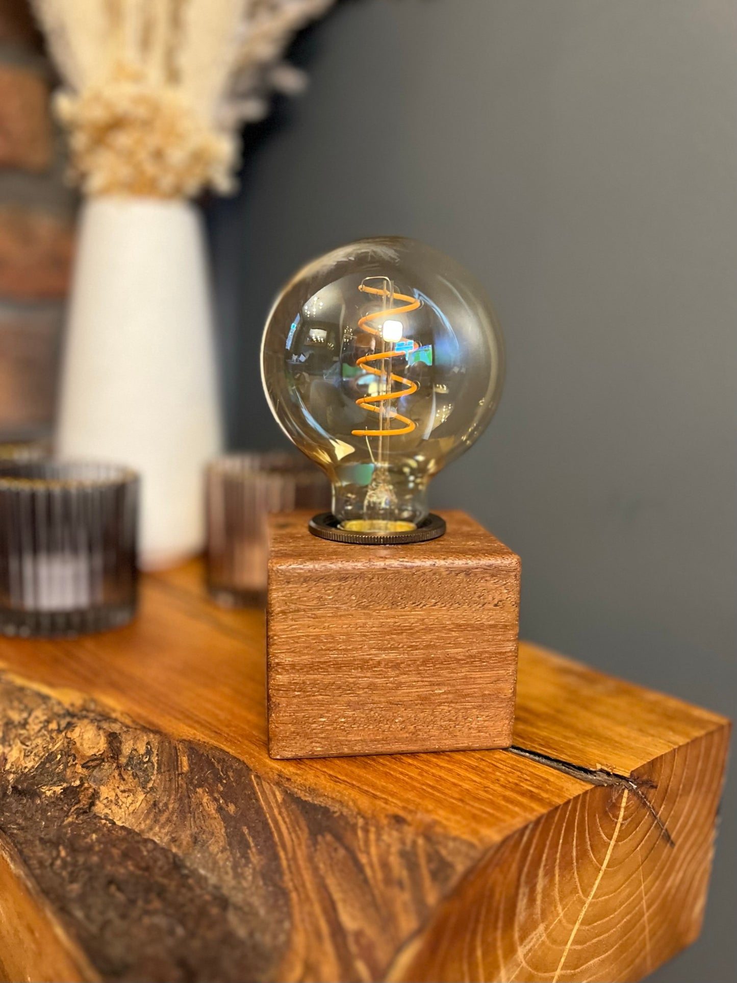 Handmade Rustic Solid Iroko Wood Cube Lamp with Brown Marl Fabric Cable