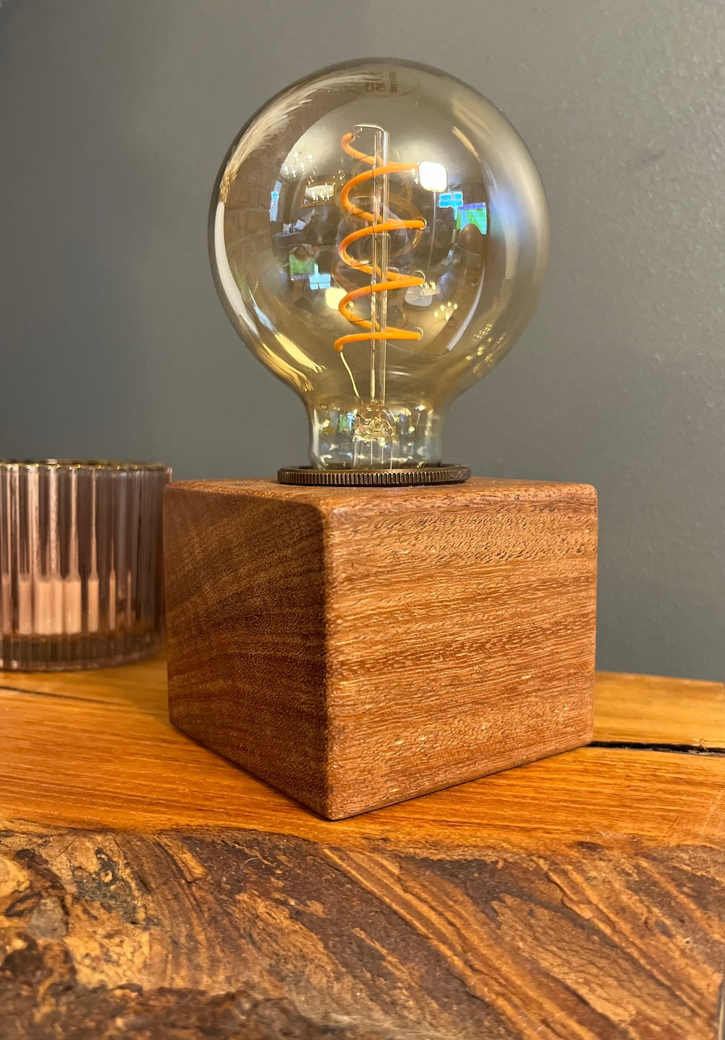 Handmade Rustic Solid Iroko Wood Cube Lamp with Brown Marl Fabric Cable