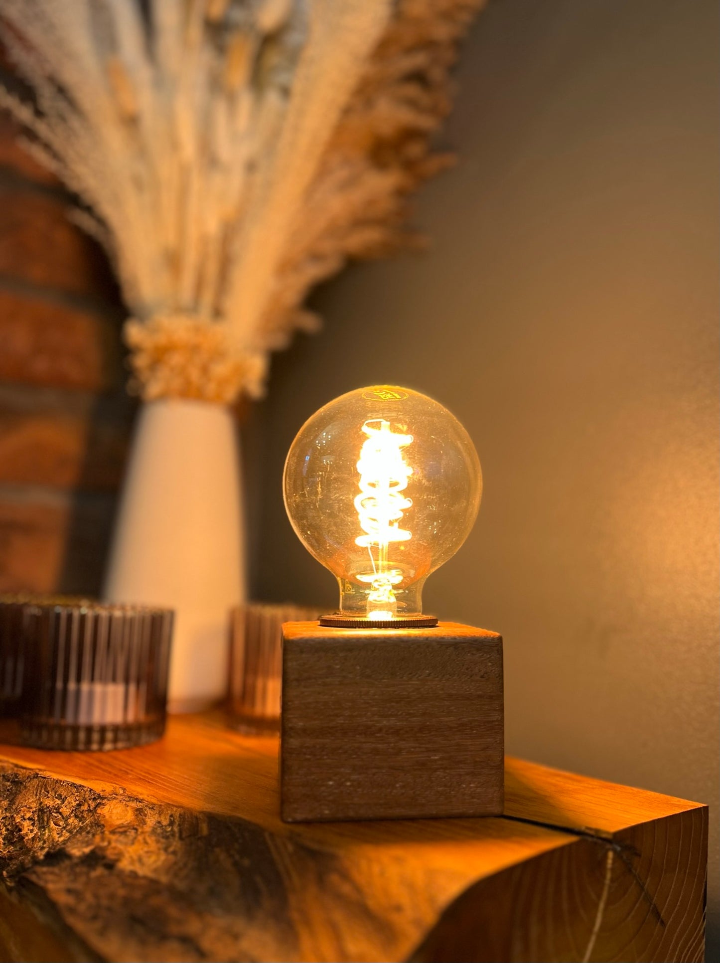 Handmade Rustic Solid Iroko Wood Cube Lamp with Brown Marl Fabric Cable