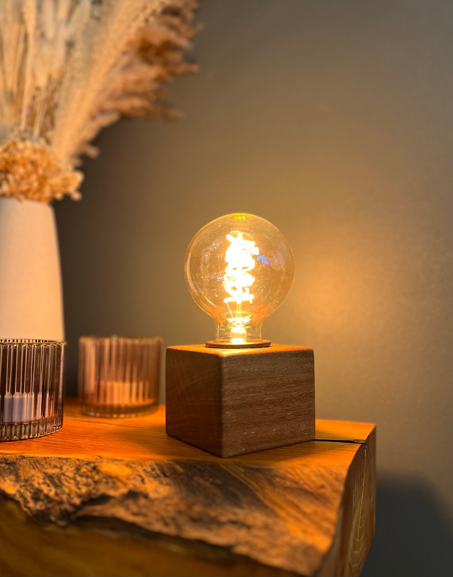 Handmade Rustic Solid Iroko Wood Cube Lamp with Brown Marl Fabric Cable