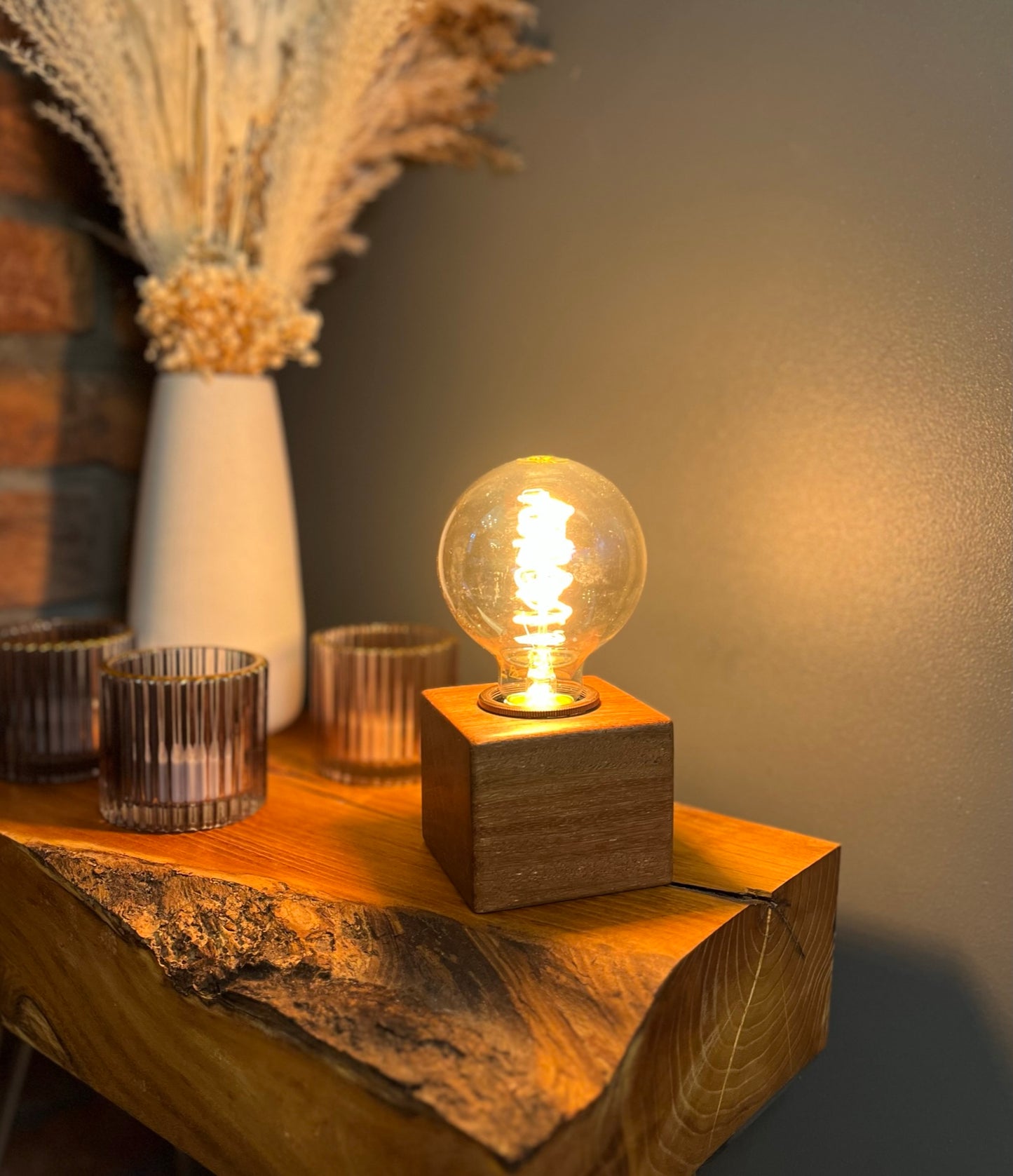 Handmade Rustic Solid Iroko Wood Cube Lamp with Brown Marl Fabric Cable
