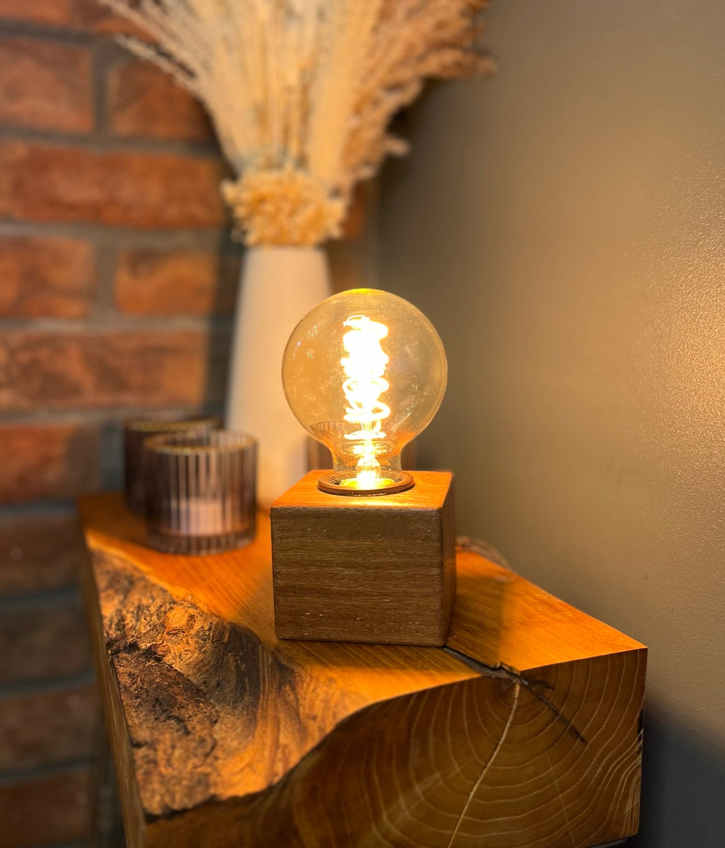 Handmade Rustic Solid Iroko Wood Cube Lamp with Brown Marl Fabric Cable