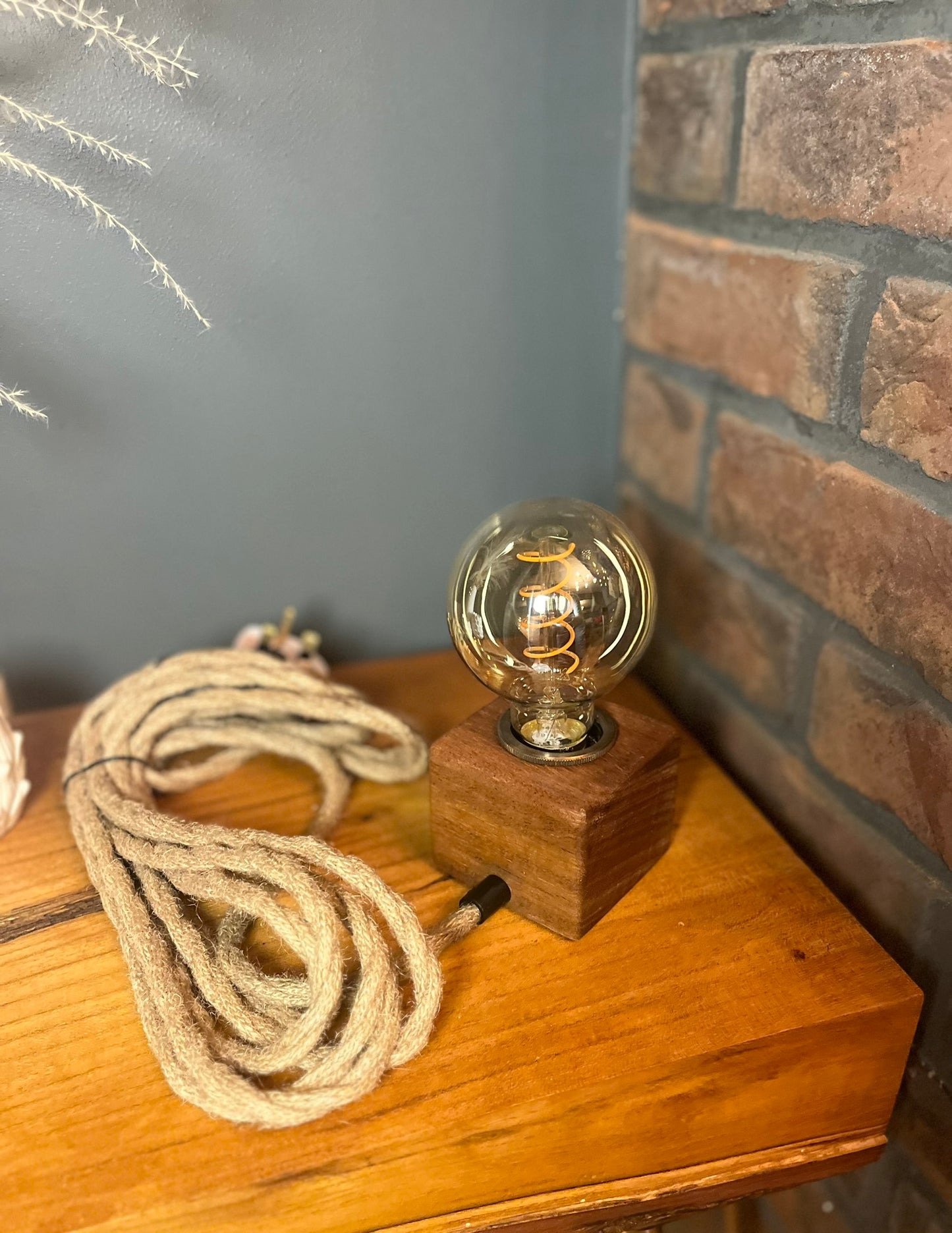 Handmade Rustic Solid Iroko Wood Cube Lamp with Rope Cable