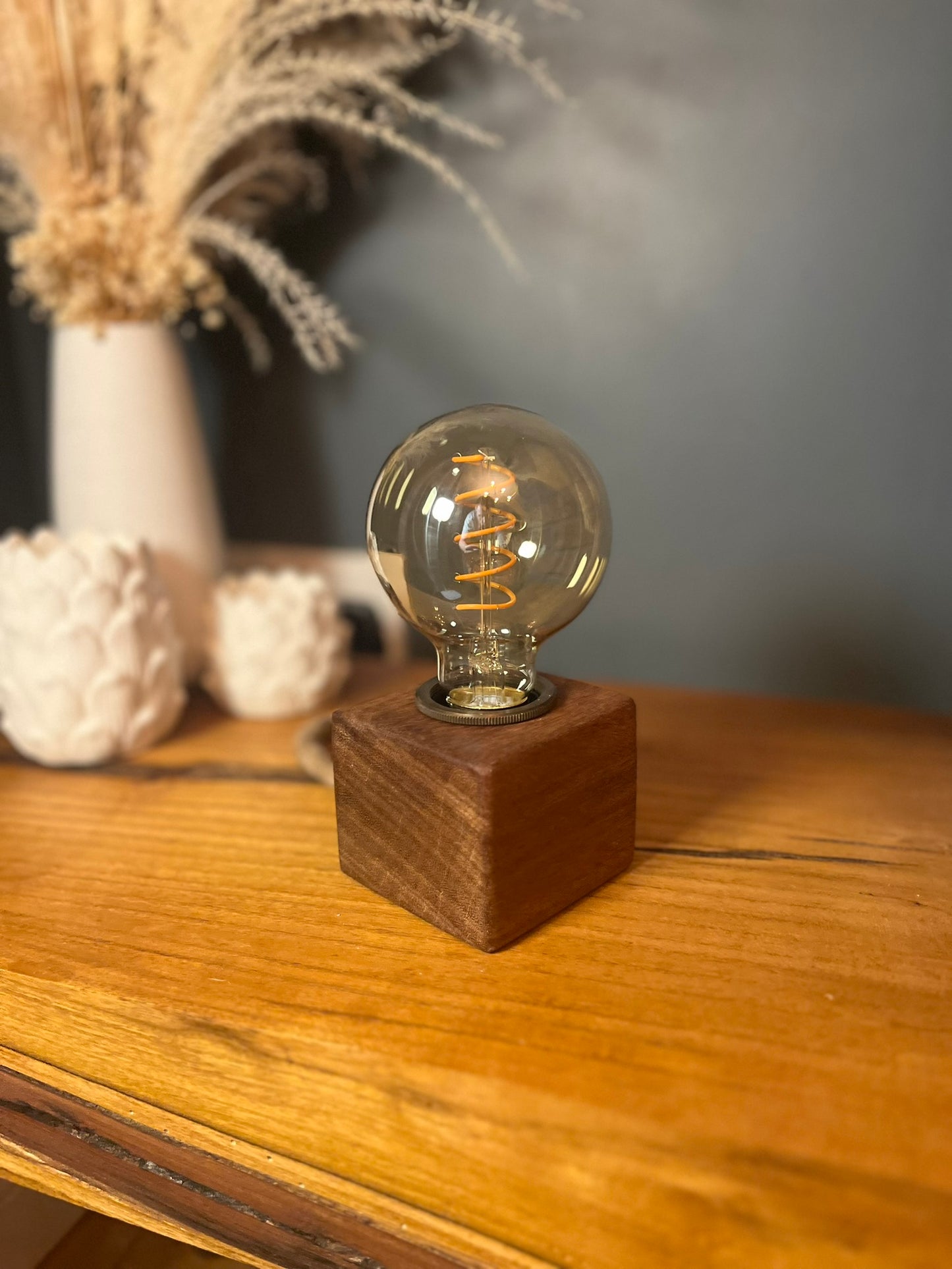 Handmade Rustic Solid Iroko Wood Cube Lamp with Rope Cable