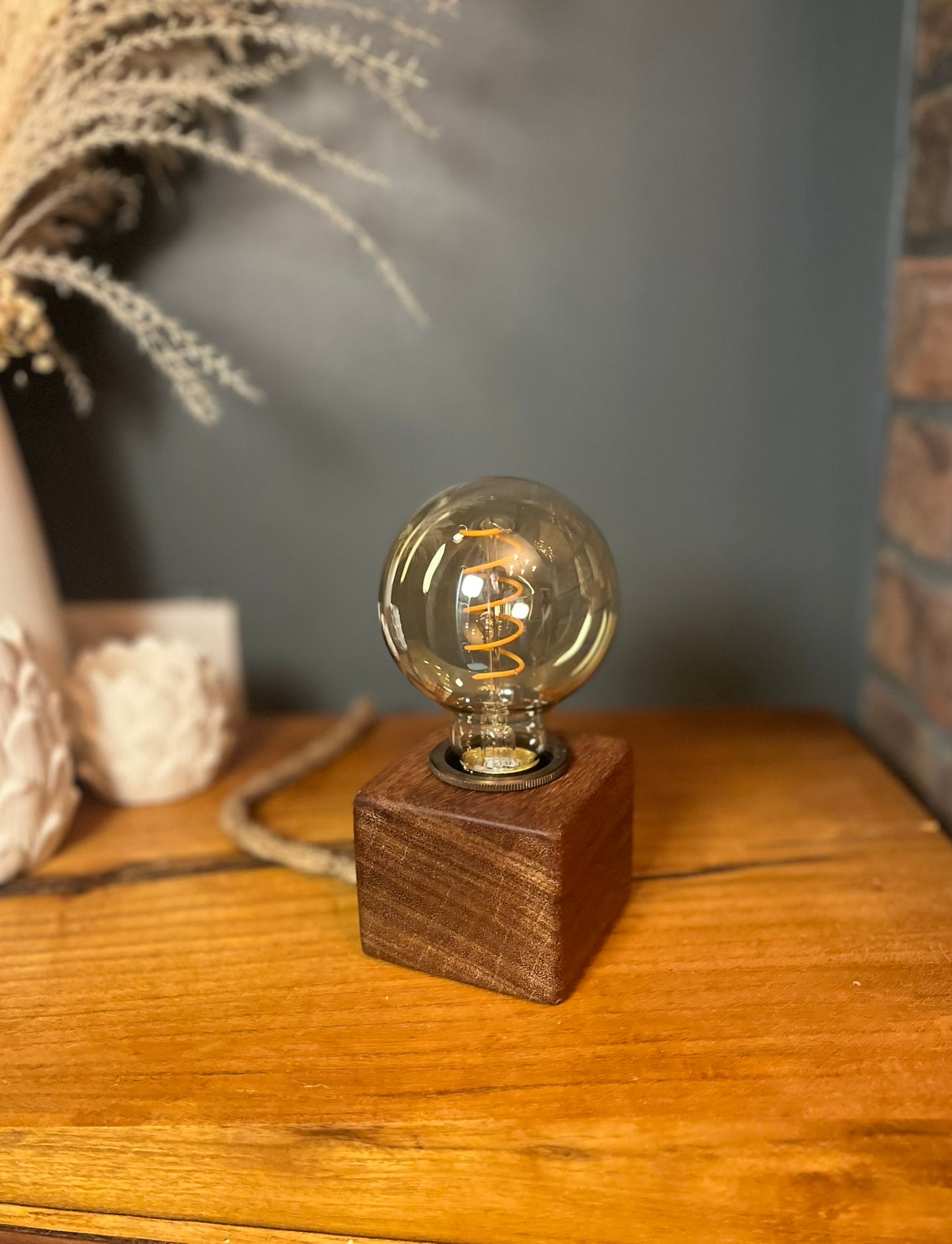 Handmade Rustic Solid Iroko Wood Cube Lamp with Rope Cable