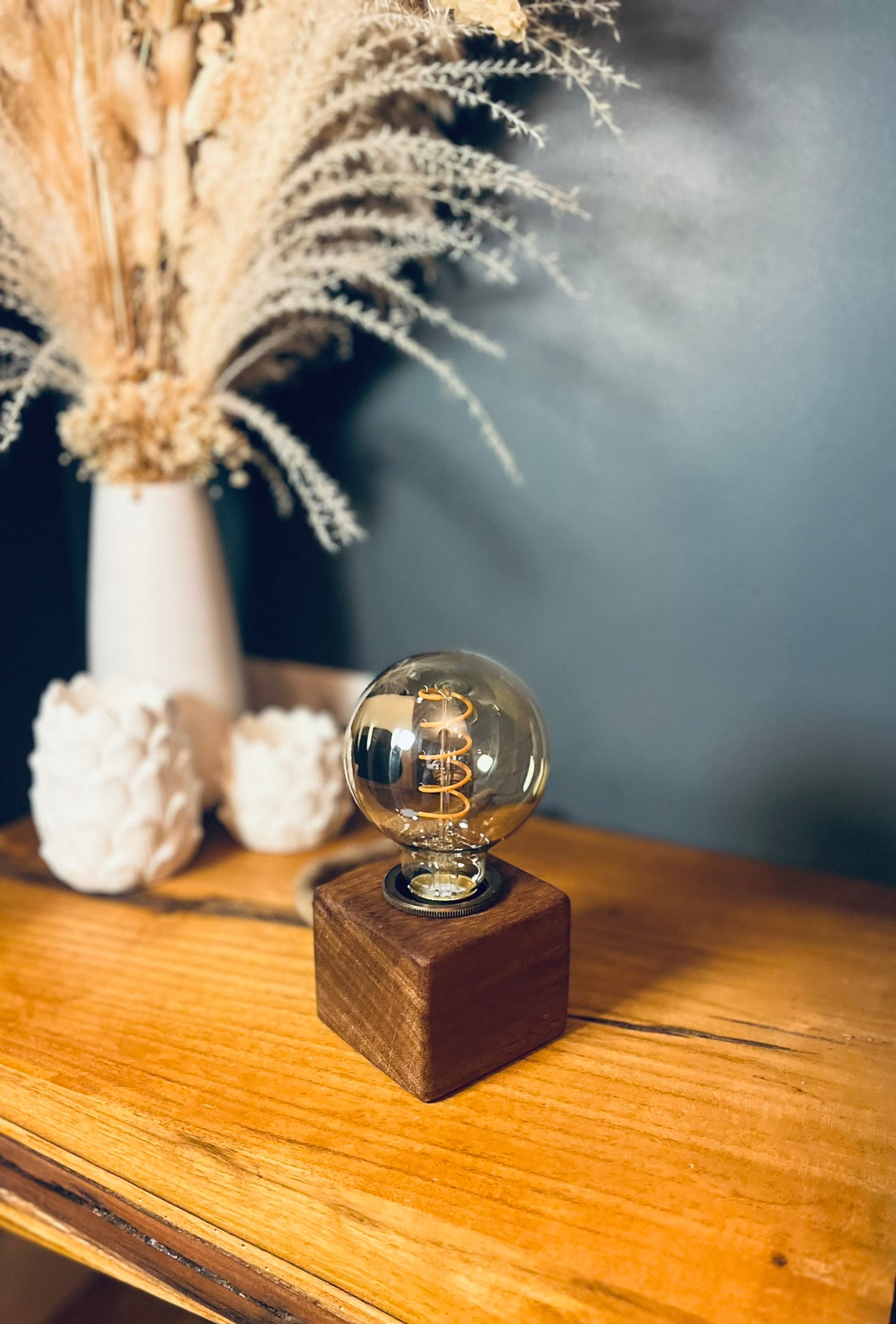 Handmade Rustic Solid Iroko Wood Cube Lamp with Rope Cable