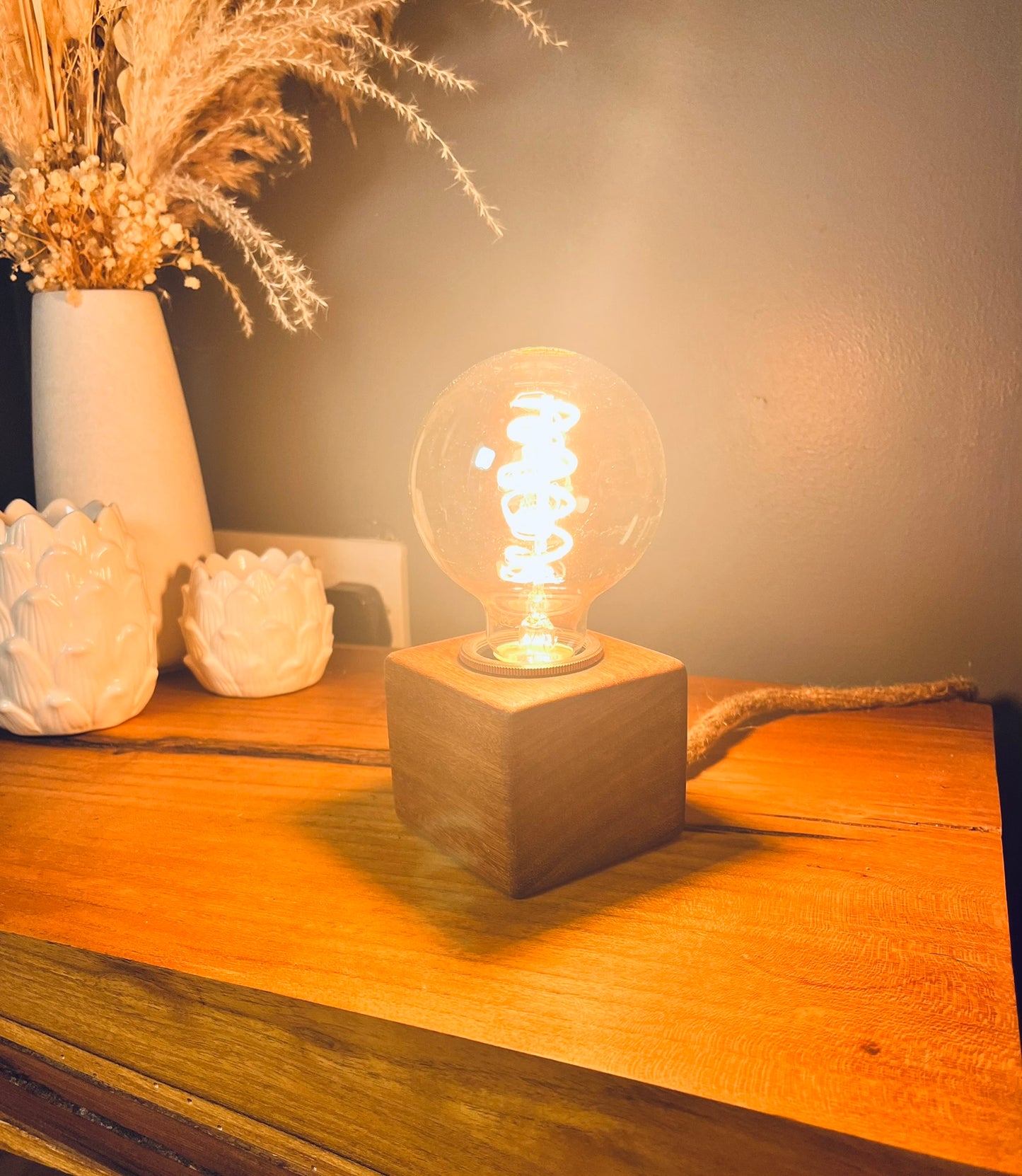 Handmade Rustic Solid Iroko Wood Cube Lamp with Rope Cable