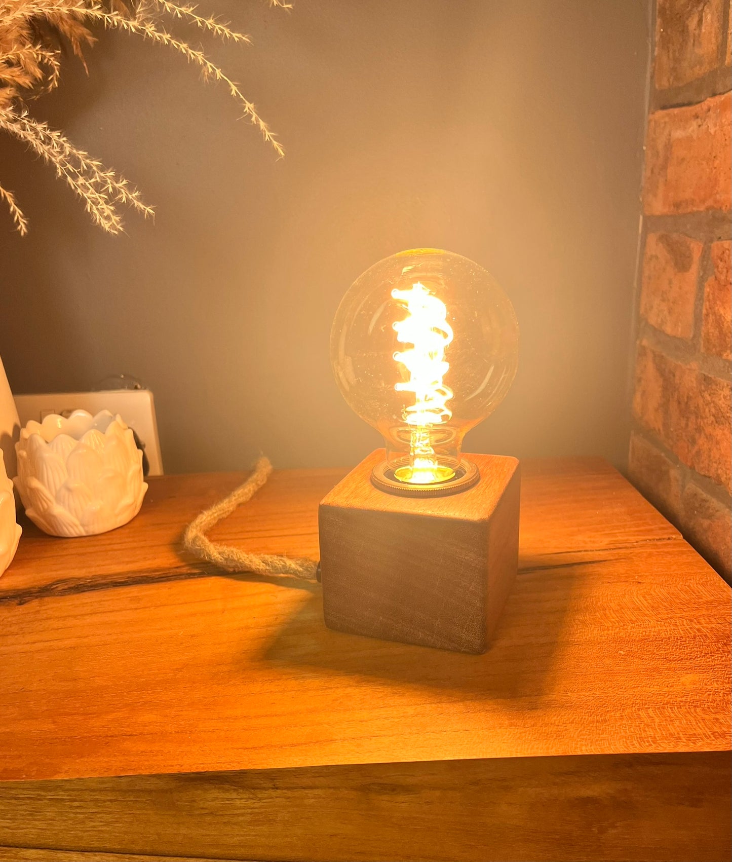 Handmade Rustic Solid Iroko Wood Cube Lamp with Rope Cable