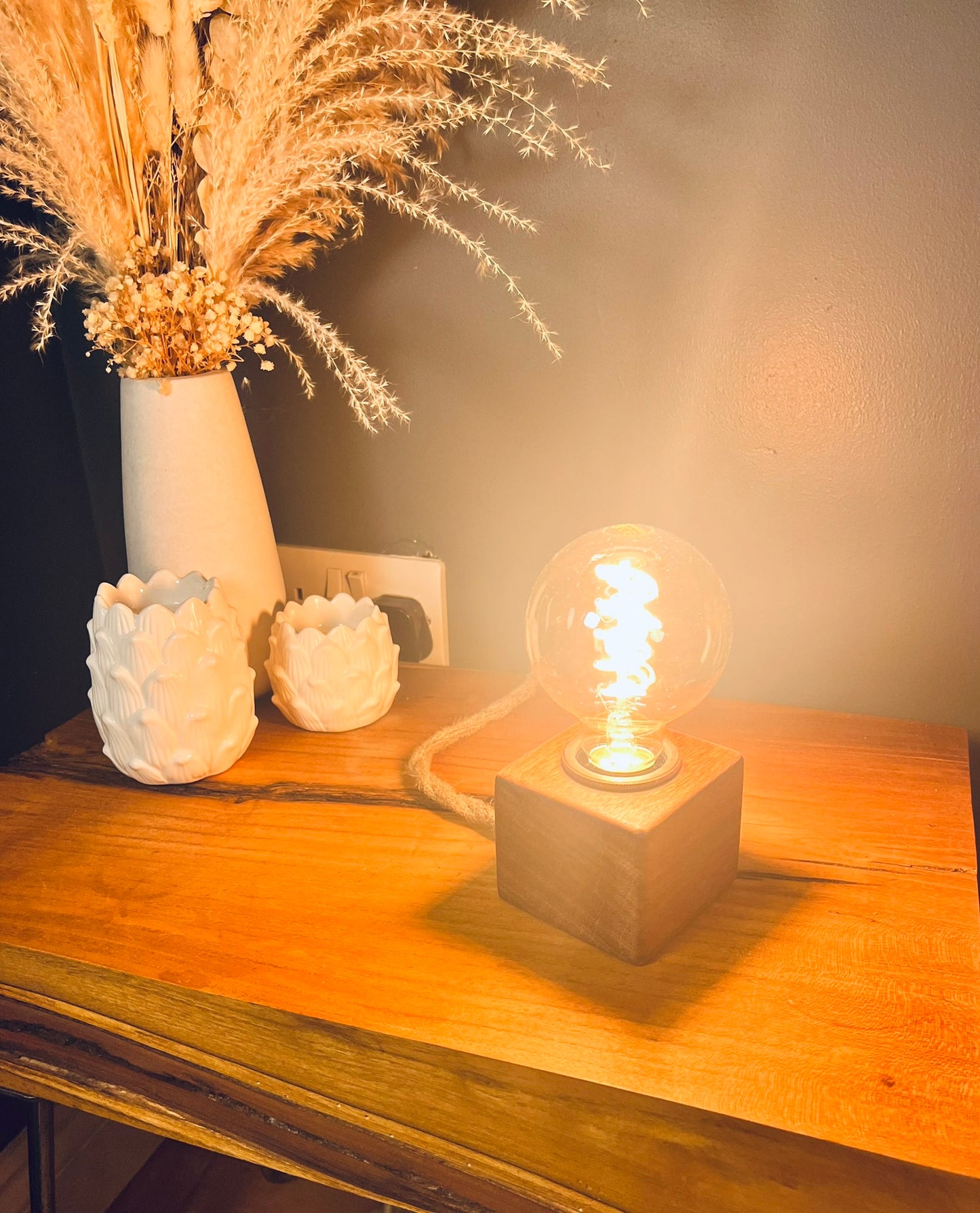 Handmade Rustic Solid Iroko Wood Cube Lamp with Rope Cable