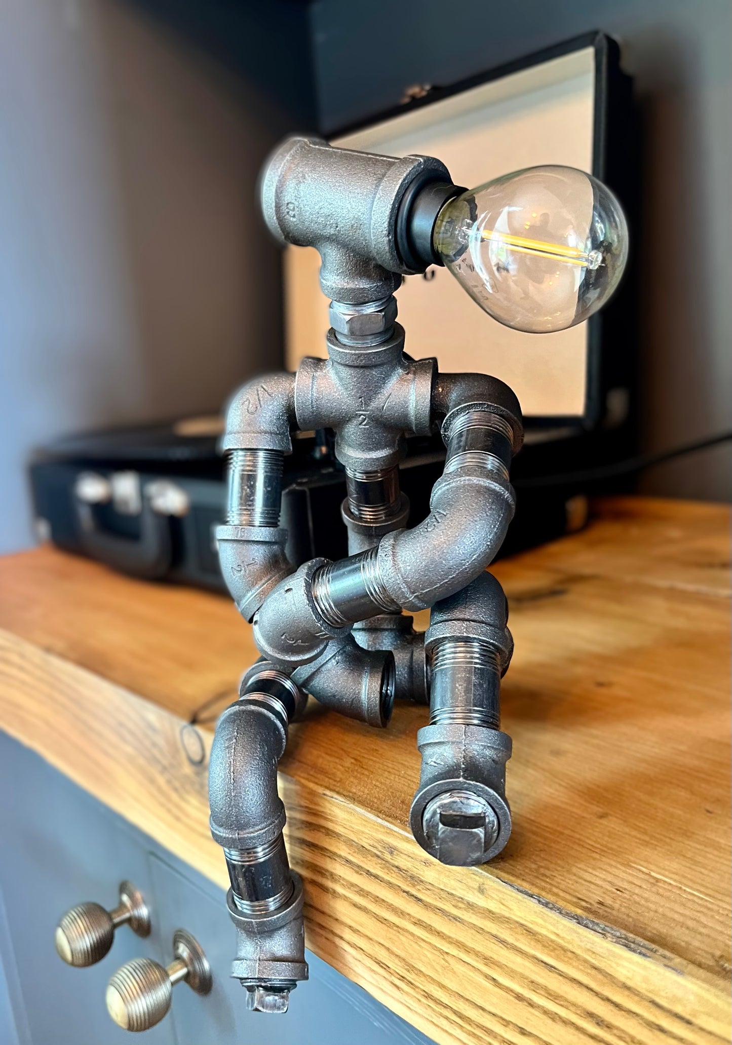 The Companion Industrial Iron Pipe Person Robot Lamp & Modern White Bulb