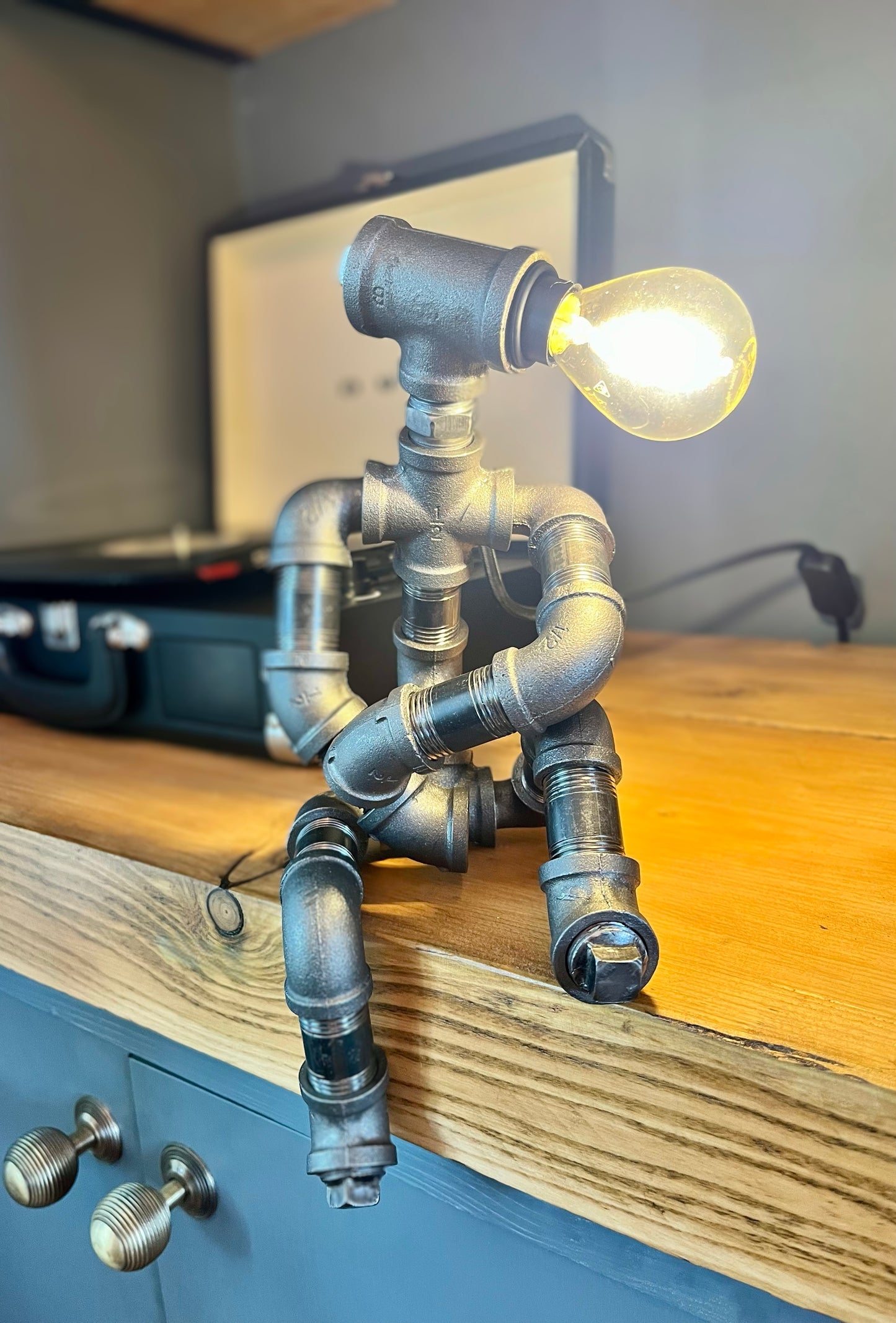 The Companion Industrial Iron Pipe Person Robot Lamp & Modern White Bulb