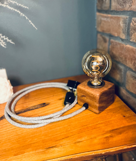 Handmade Rustic Solid Iroko Wood Cube Lamp with Grey Marl Fabric Cable