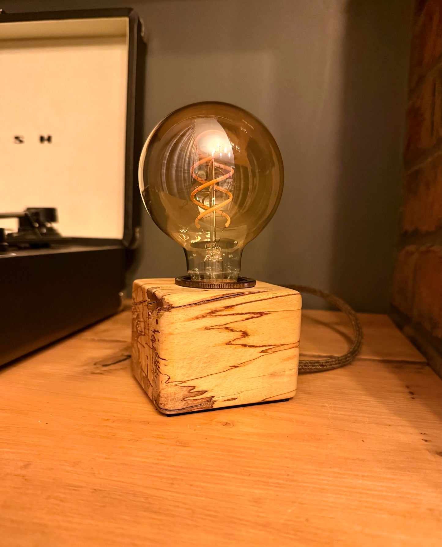 Handmade Rustic Spalted Beech Wood Cube Lamp with Brown Marl Fabric Cable