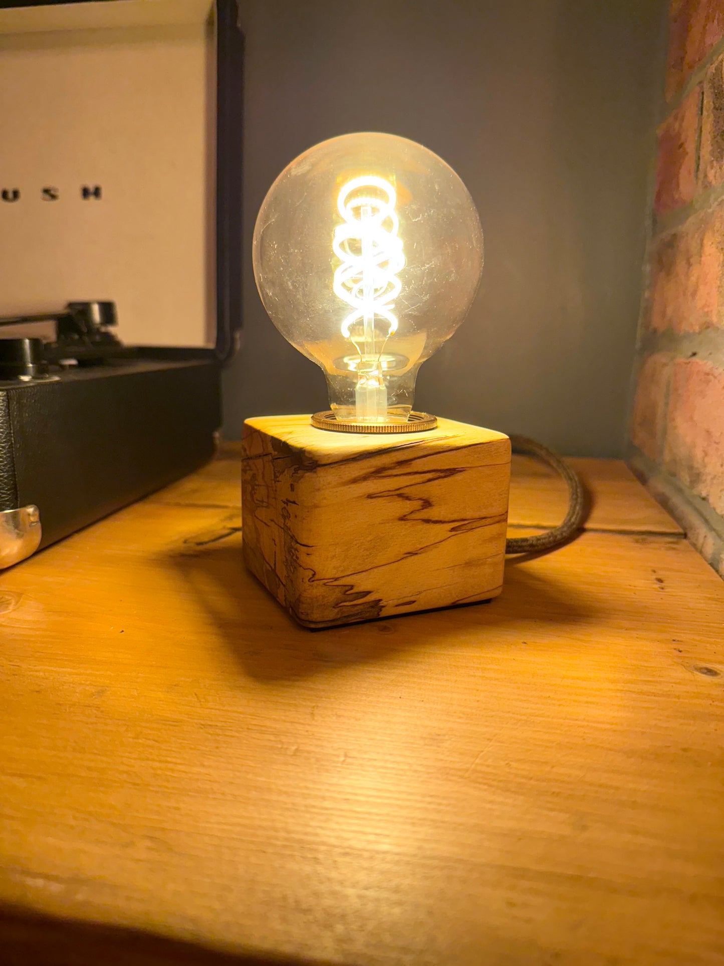 Handmade Rustic Spalted Beech Wood Cube Lamp with Brown Marl Fabric Cable