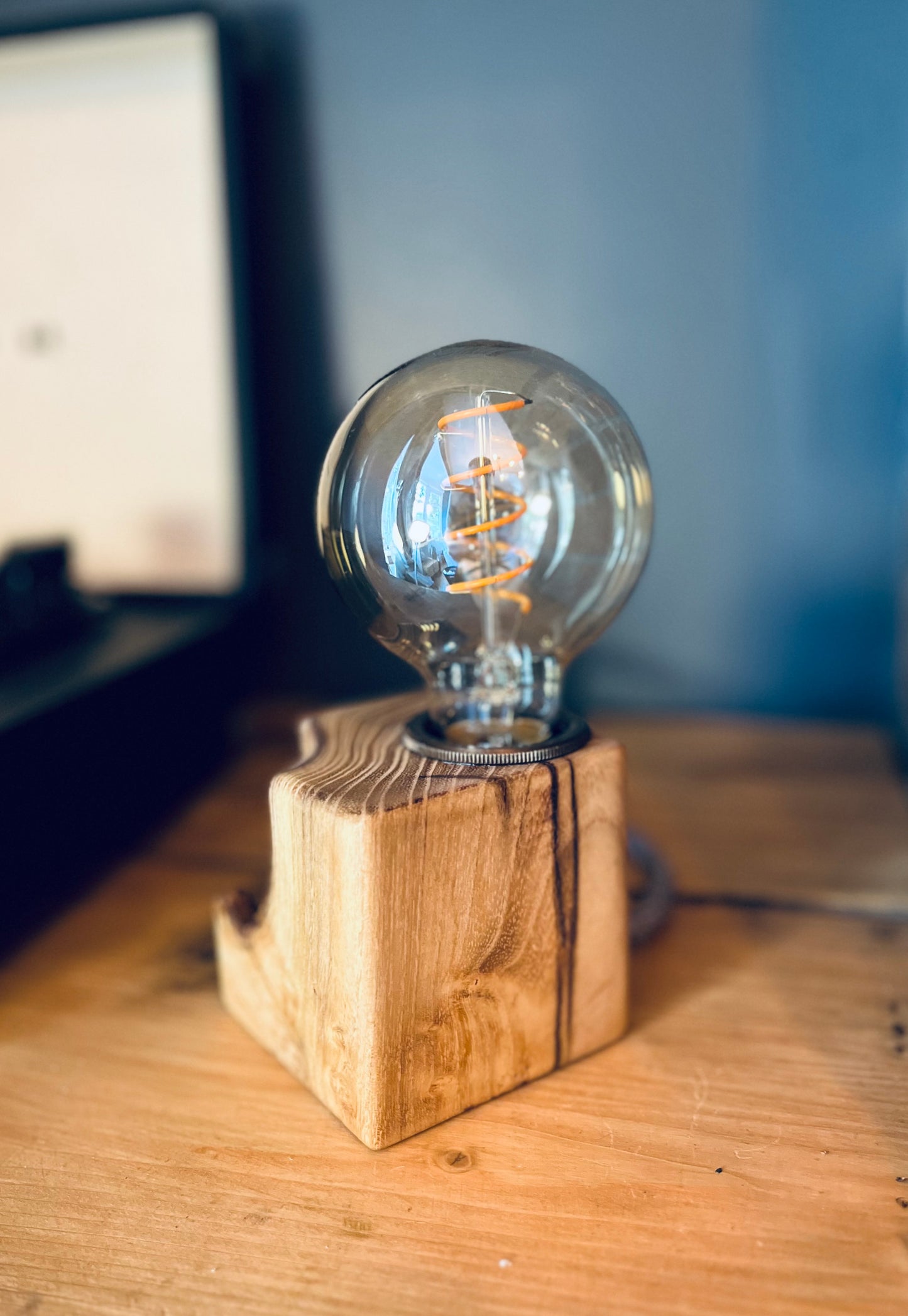 Handmade Acacia Wood Cube Lamp with Grey Marl Fabric Cable