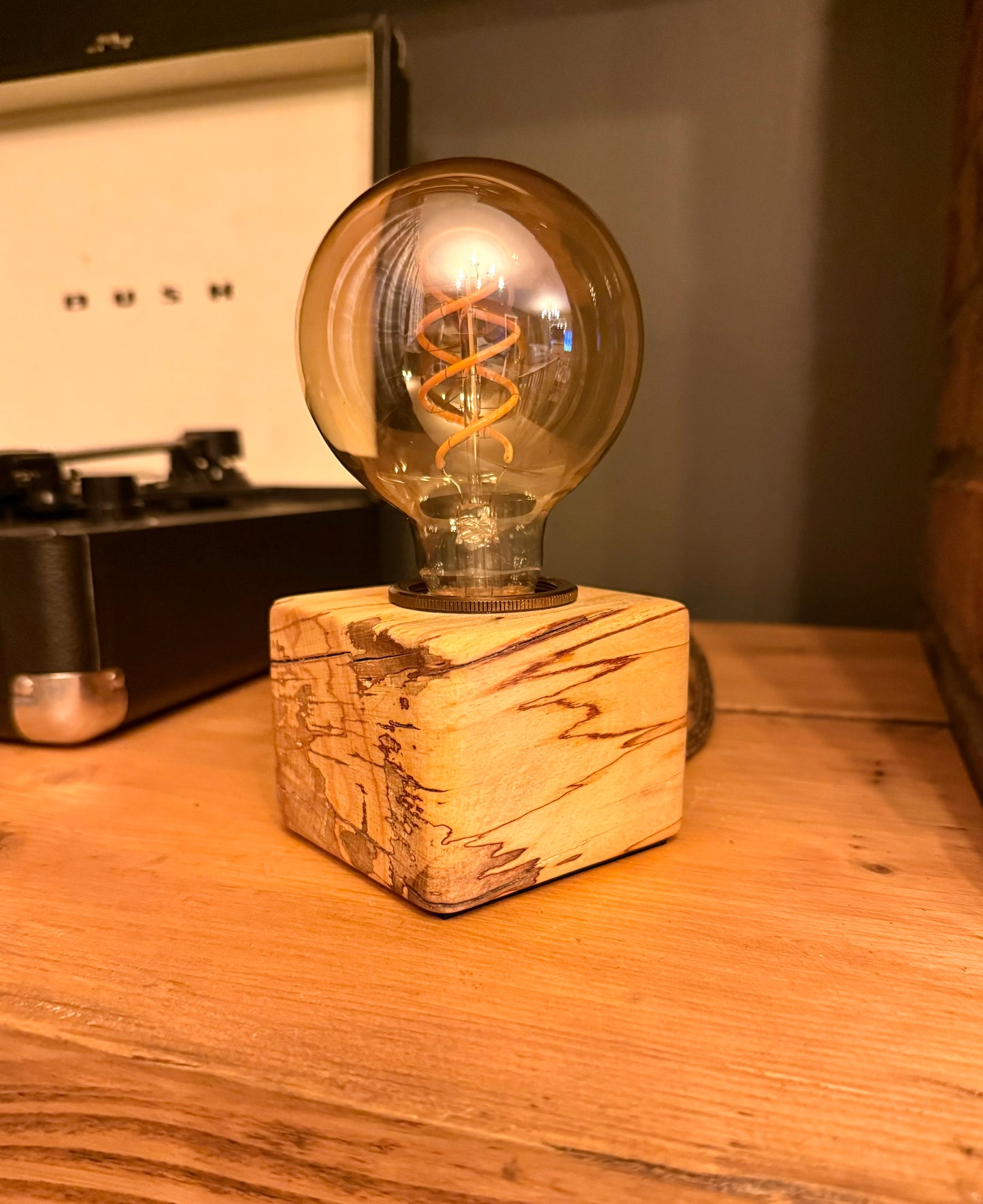 Handmade Rustic Spalted Beech Wood Cube Lamp with Brown Marl Fabric Cable