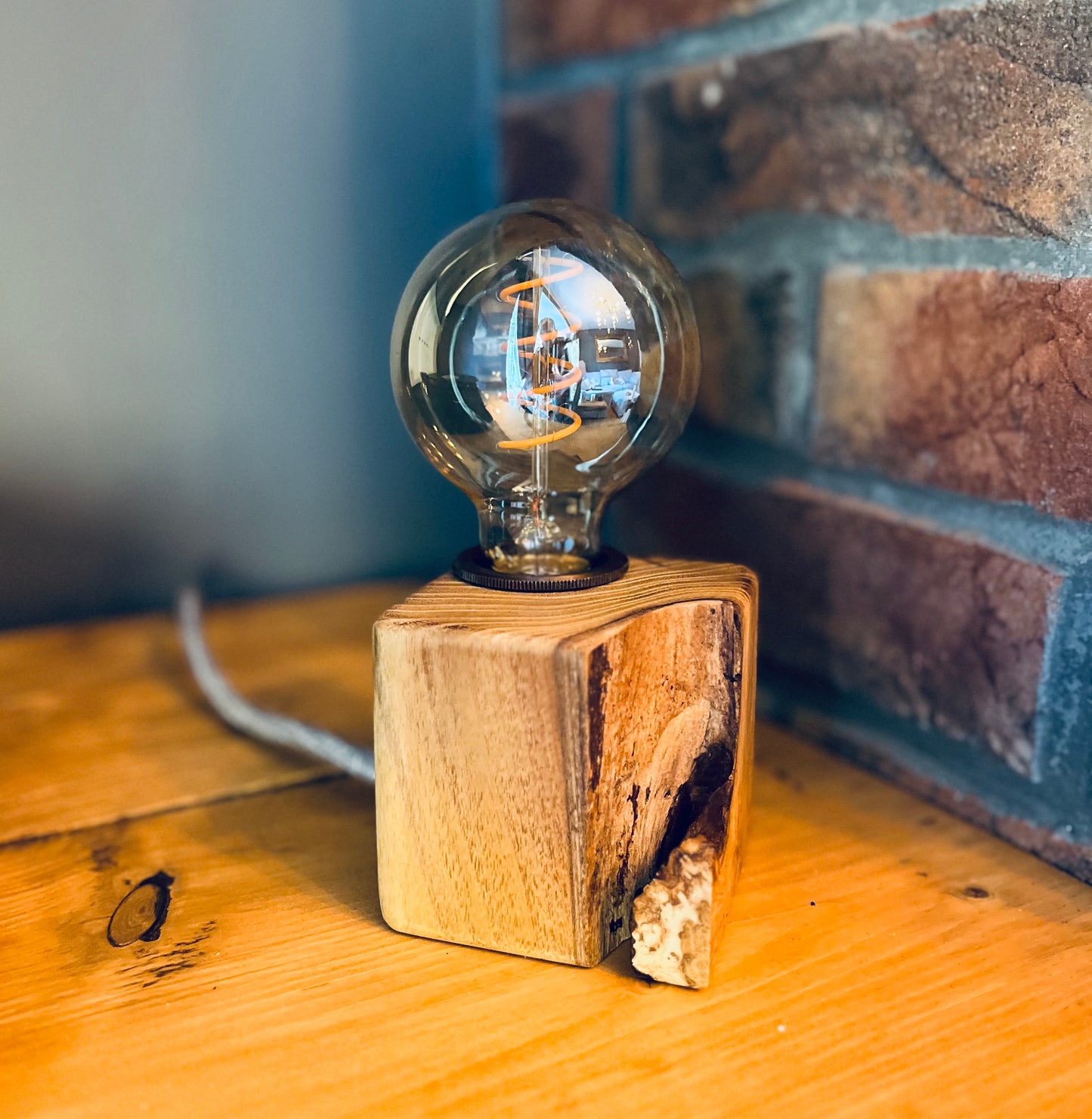 Handmade Acacia Wood Cube Lamp with Grey Marl Fabric Cable