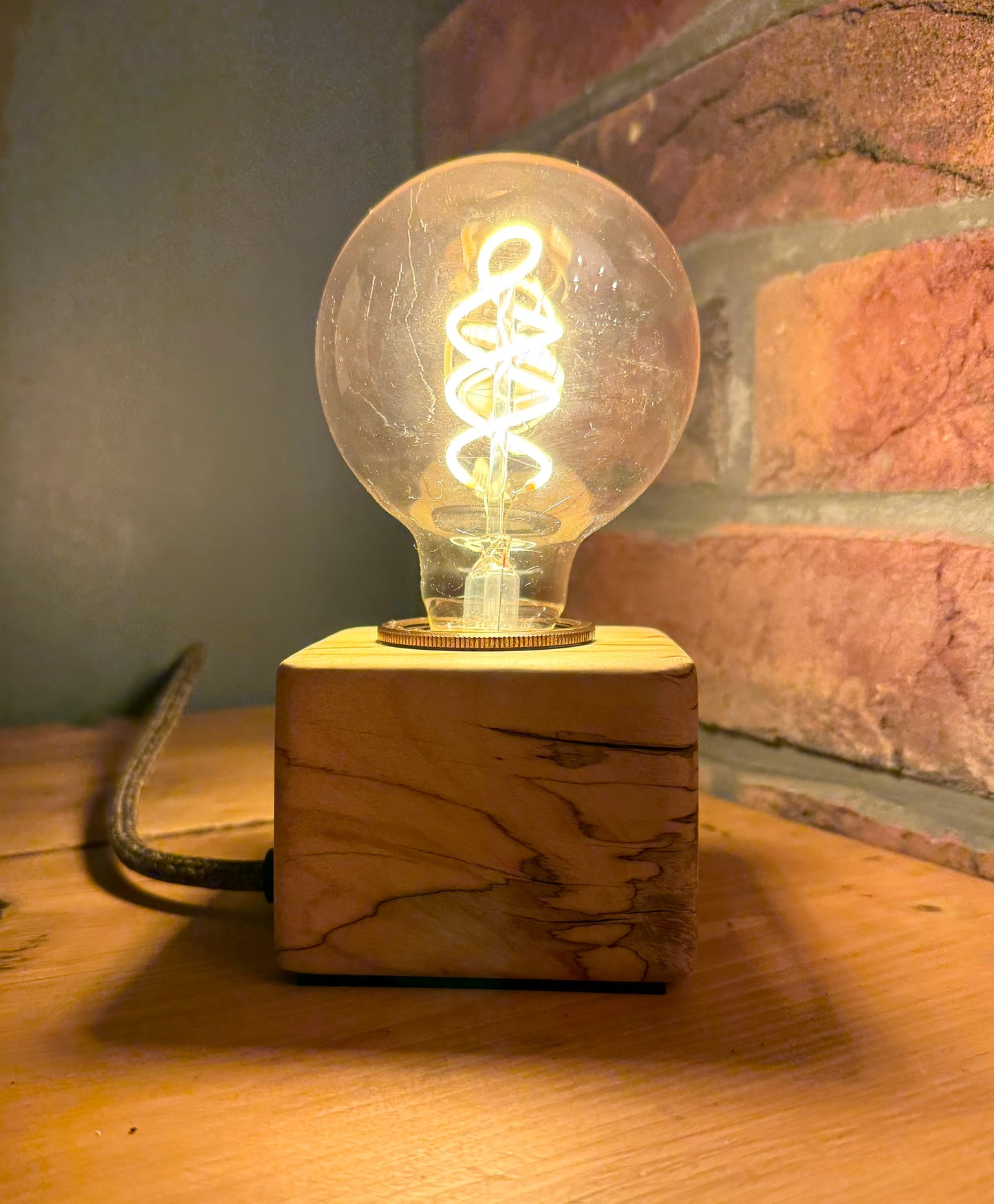 Handmade Rustic Spalted Beech Wood Cube Lamp with Brown Marl Fabric Cable