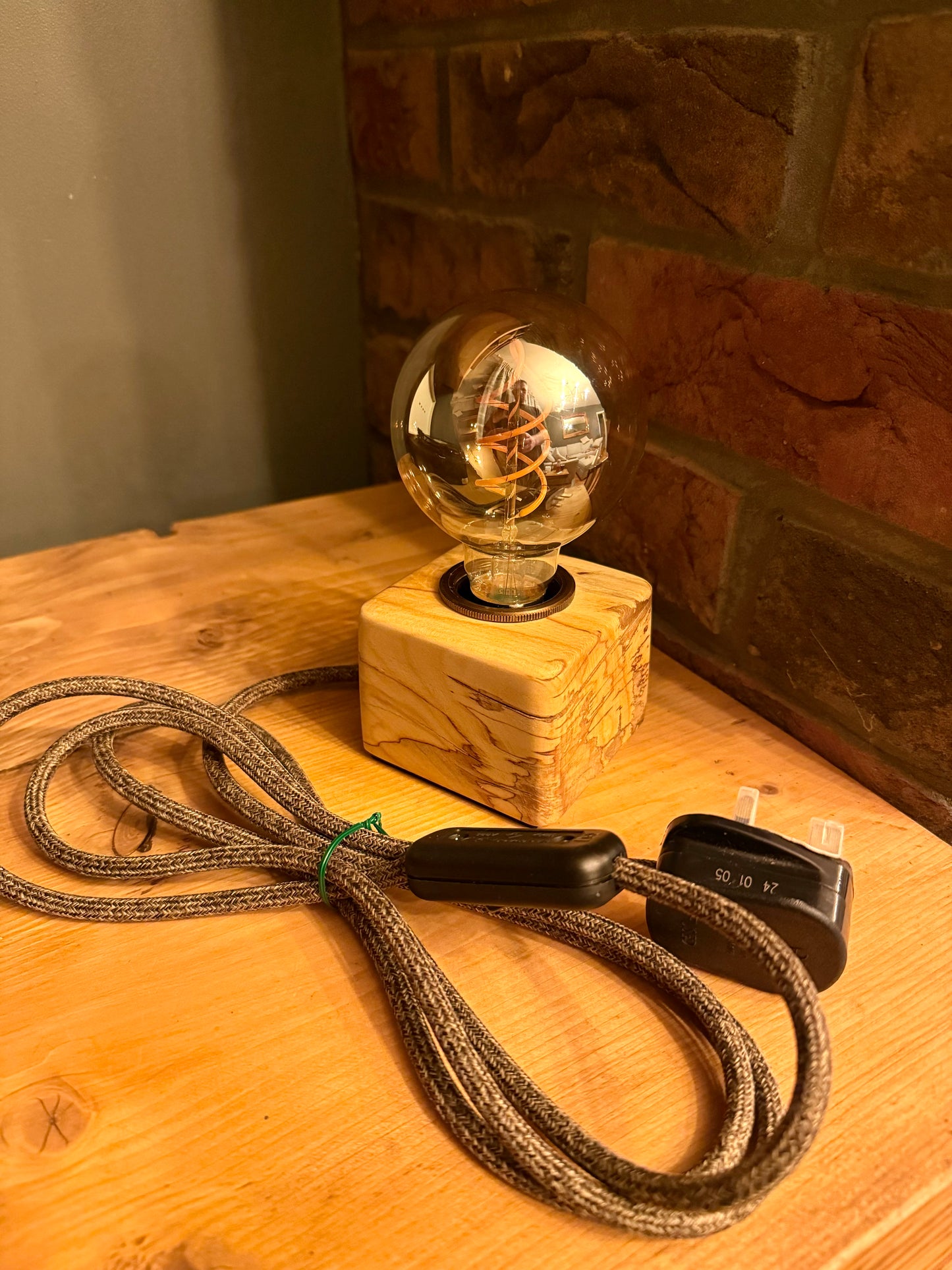 Handmade Rustic Spalted Beech Wood Cube Lamp with Brown Marl Fabric Cable