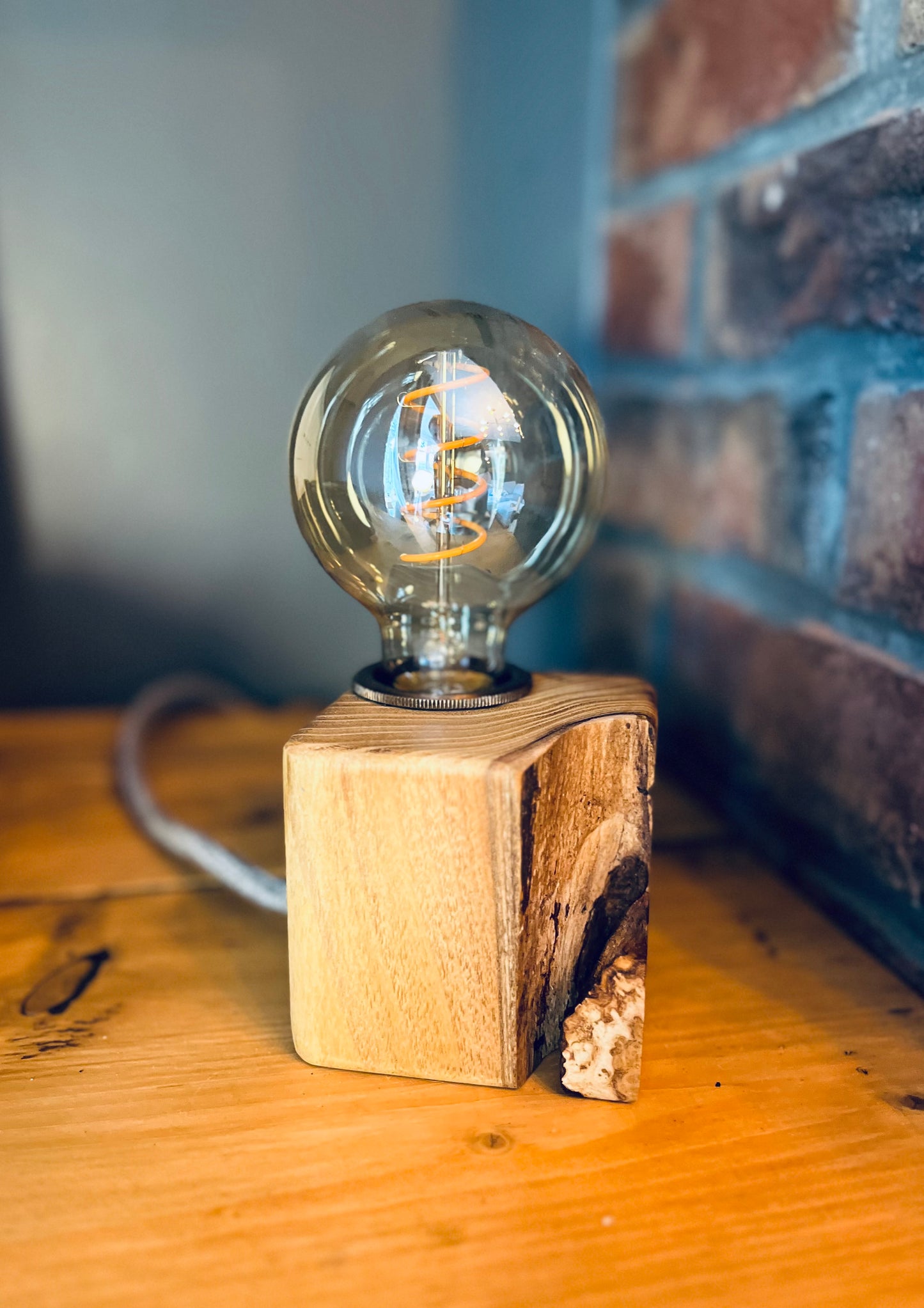 Handmade Acacia Wood Cube Lamp with Grey Marl Fabric Cable