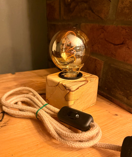 Handmade Rustic Spalted Beech Wood Cube Lamp with Hemp Rope Fabric Cable