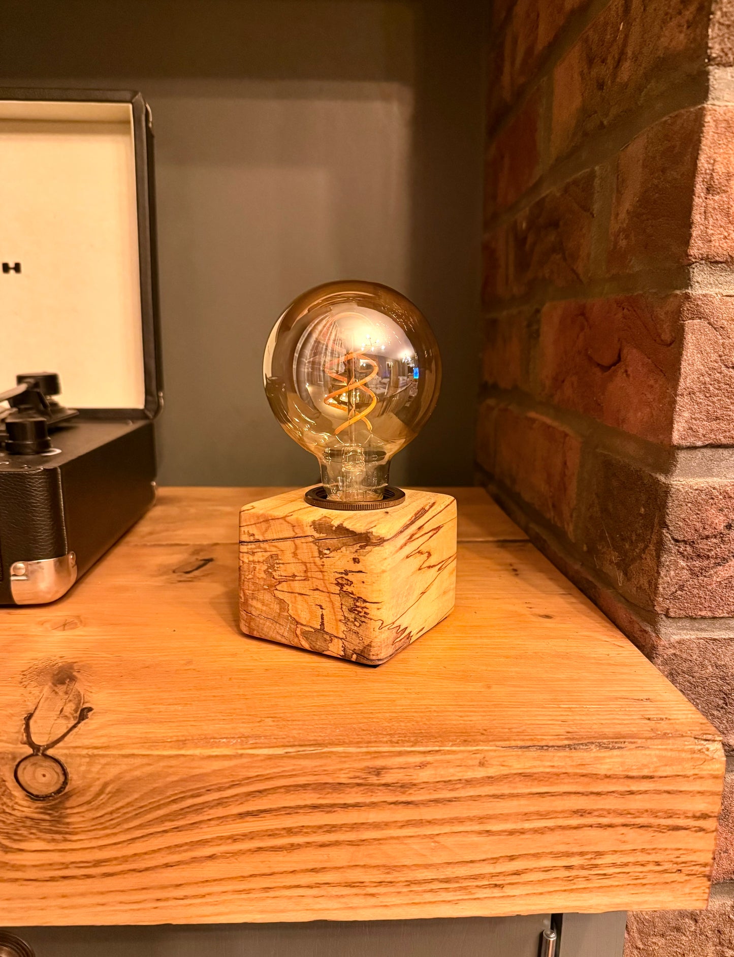 Handmade Rustic Spalted Beech Wood Cube Lamp with Brown Marl Fabric Cable