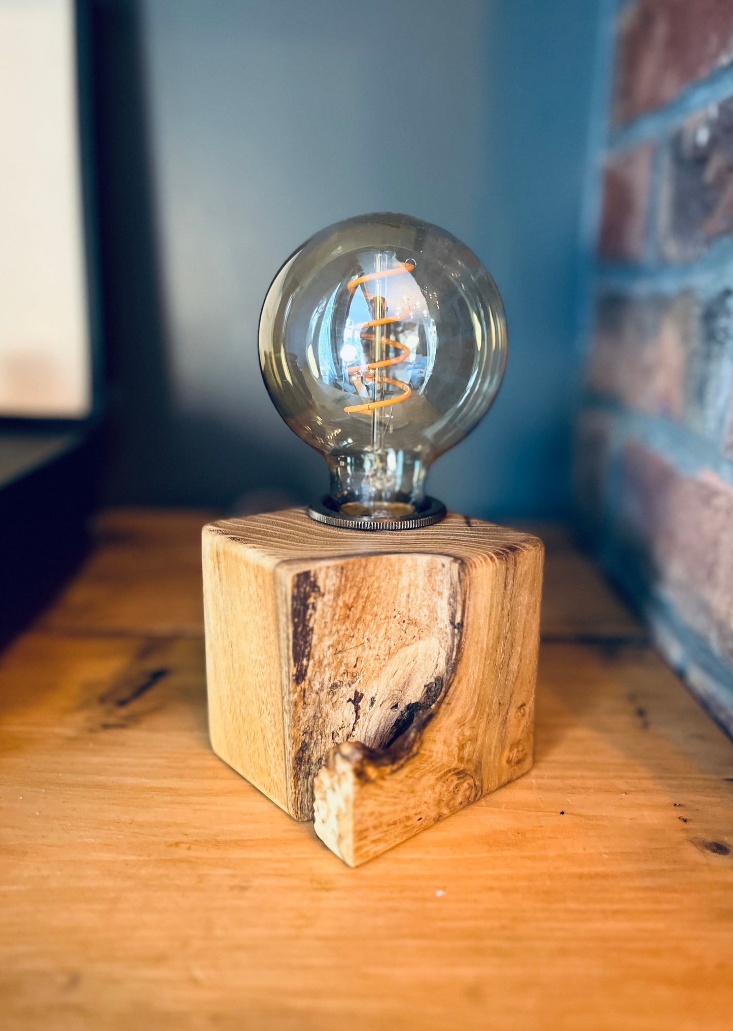 Handmade Acacia Wood Cube Lamp with Grey Marl Fabric Cable